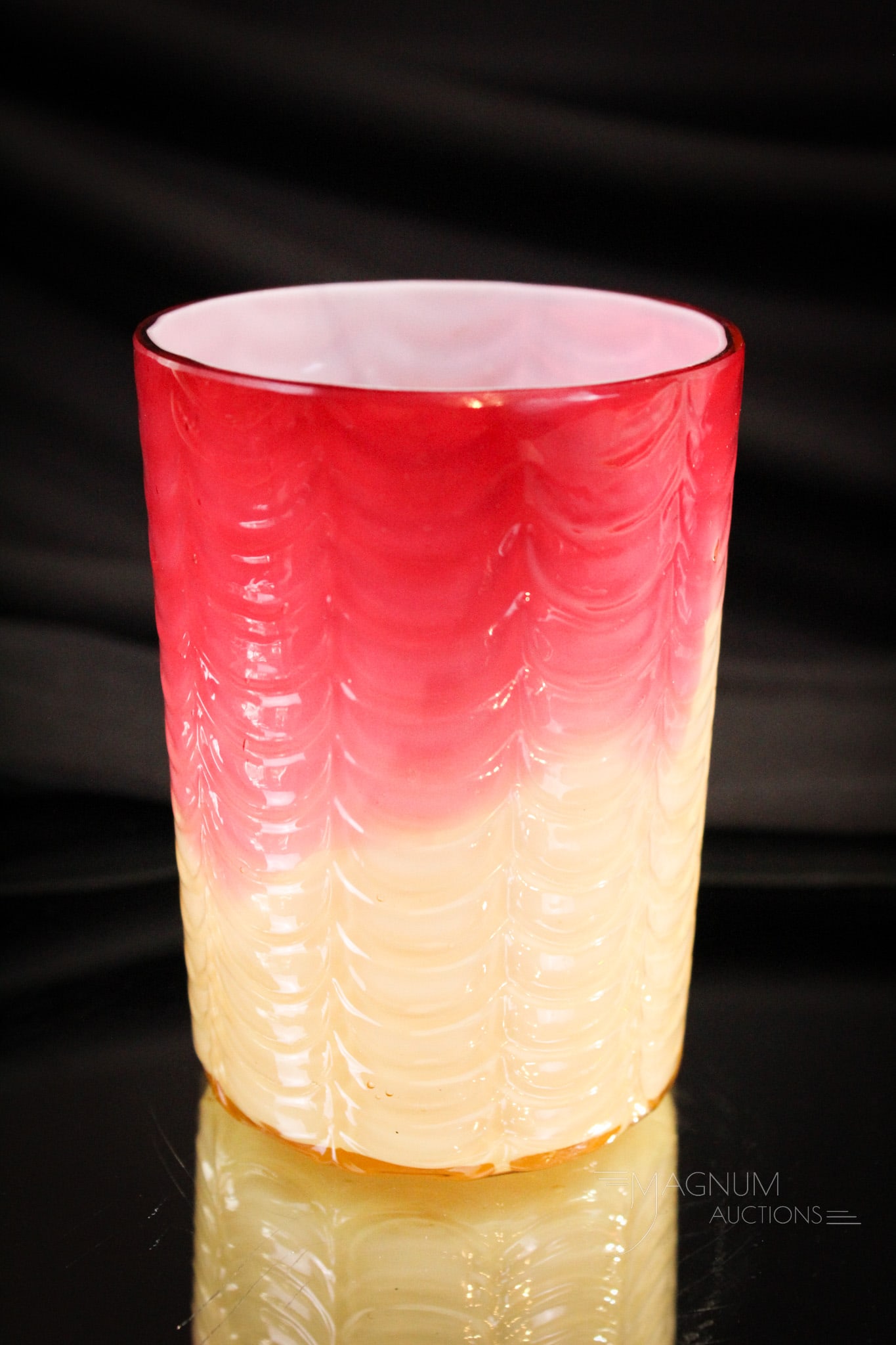 Scarce Victorian Phoenix Amberina Drape Cased Glass Tumbler: Nice example of a seldom seen Victorian tumbler in the attributed Phoenix Drape pattern. Great cased amberina coloring. It stands erect at 3 7/8" tall.