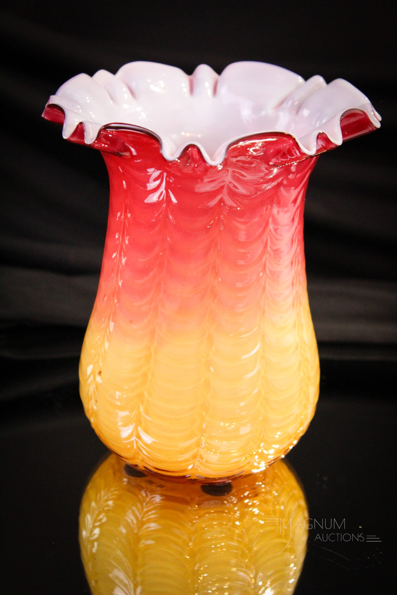 Scarce Victorian Phoenix Drape Amberina Cased Glass Celery Vase: Only the best at Magnum Auctions as you have all come to expect! This lovely has super coloring and the best form with ruffled rim. Nice bulbous form to the base as everone likes! This measures 6 1/4"