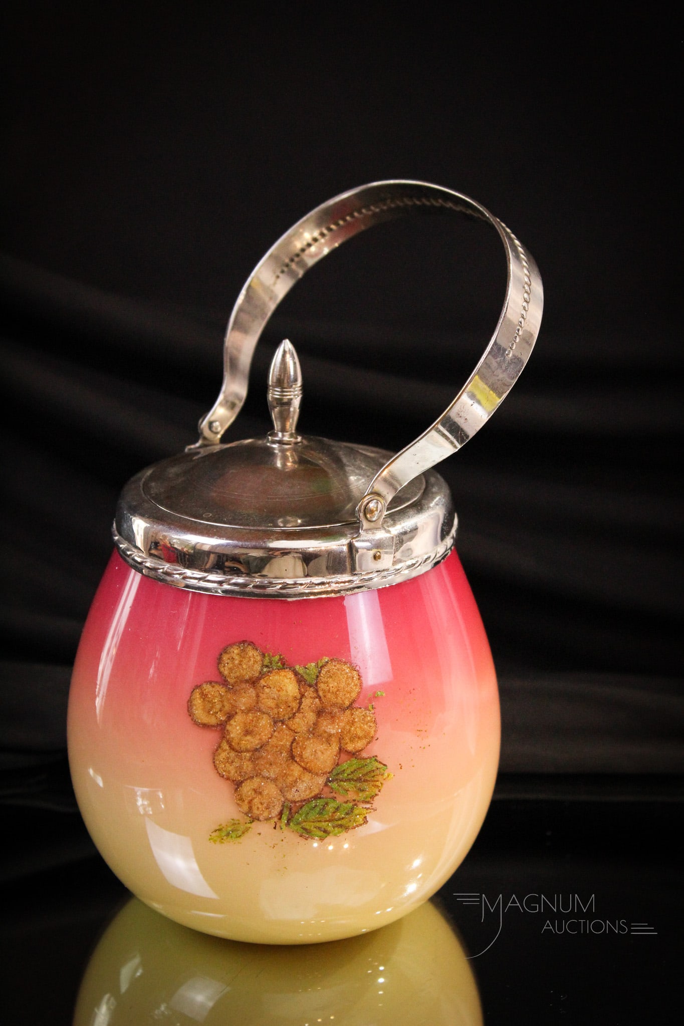 European Victorian Cased Amberina Peachblow Coralene Biscuit Jar: Great coloring to this cased amberina peachblow biscuit jar with applied coralene decoration. This one with silverplate mountings.