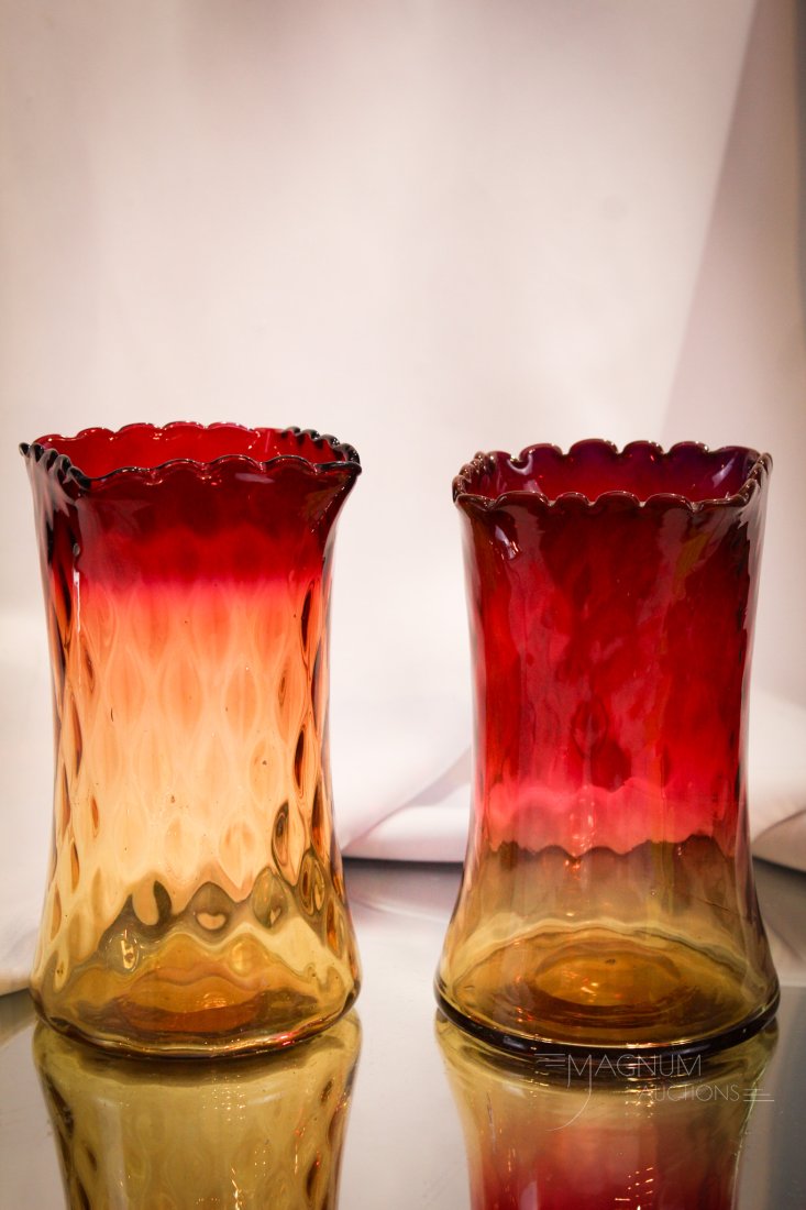 2 pc Lot Mt. Washington Victorian Amberina Diamond Quilt Celery Vases: Two uniquely colored Victorian celery vases by Mt. Washington glass. Both with diamond quilting to the bodies. Each measures 6 1/2" tall.