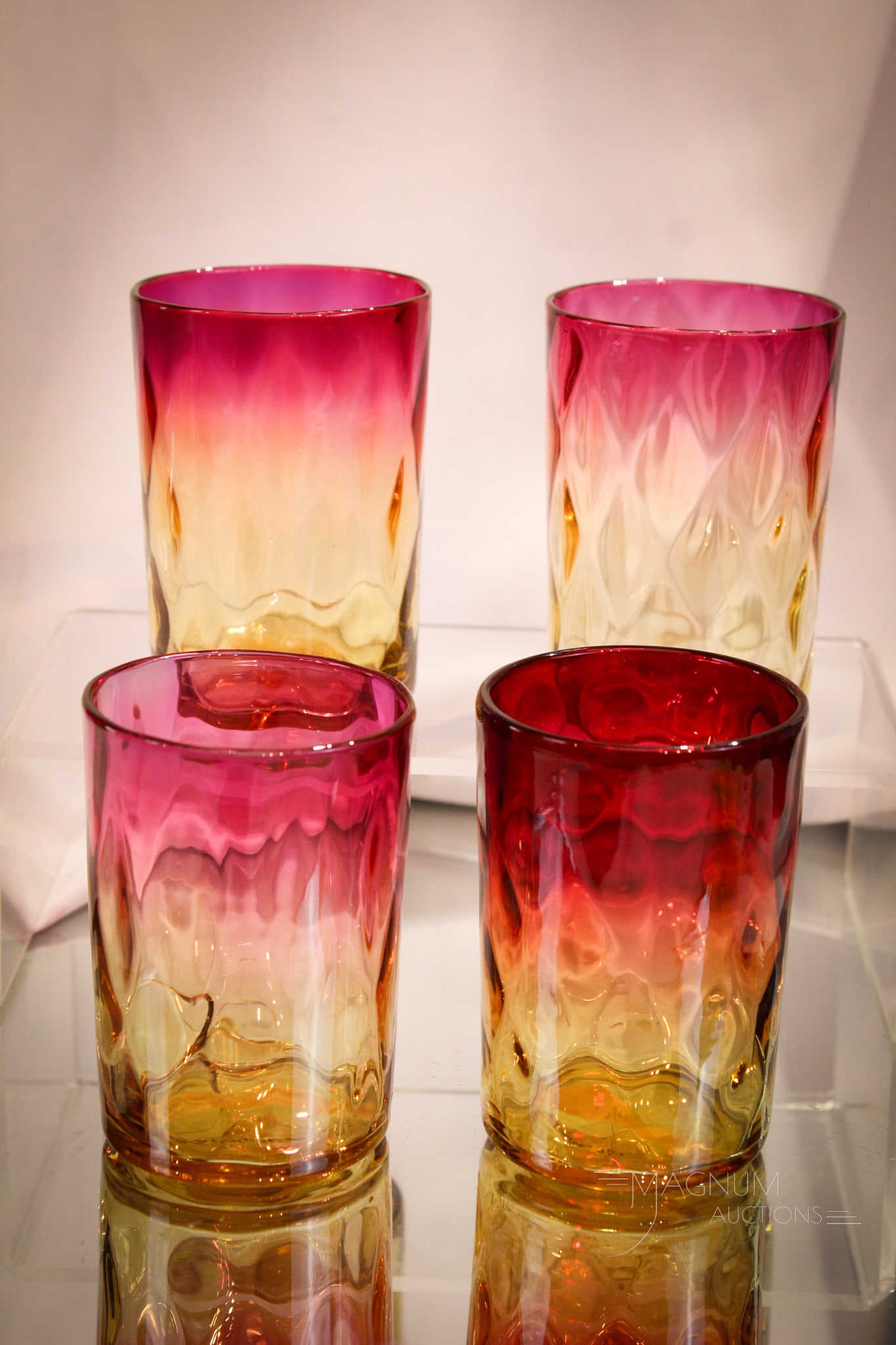 4 pc Lot Victorian Diamond Quilt Amberina Tumblers: Four piece lot of Victorian Diamond quilt pattern Mt. Washington glass tumblers. Each measures 3 3/4" tall.