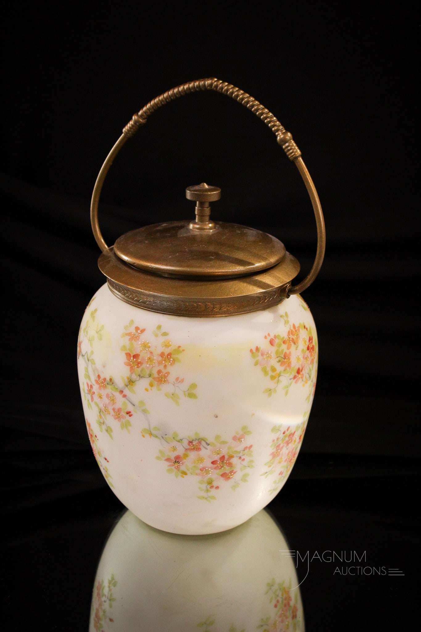 Mt. Washington Victorian Decorated Glass Biscuit Jar: Great floral covered branches cover the body of this beautiful Victorian biscuit jar. Complete with original mountings. Measures 7 3/4" tall.