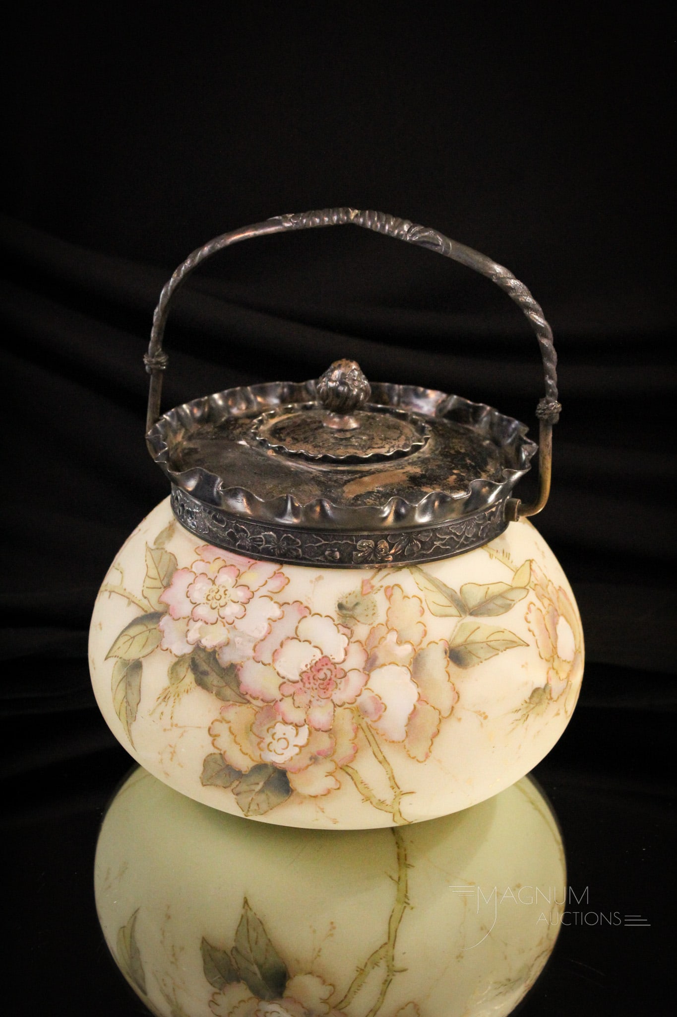 Mt. Washington Crown Milano Victorian Biscuit Jar: Lovely florals abound on this fine Mt. Washington Victorian Crown Milano biscuit jar with peony decoration. Silverplate lid is signed "M.W.", for Mt. Washington