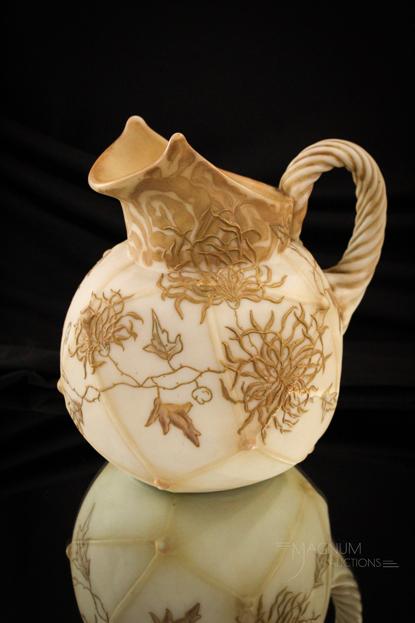 Mt. Washington Crown Milano Victorian Glass Pitcher: Gold fuji mums and foliage decorate with gorgeous segmented classic form Mt. Washington Victorian glass pitcher with applied rope handle. Just an amazing piece of American art glass. It stands 8 1/4" 