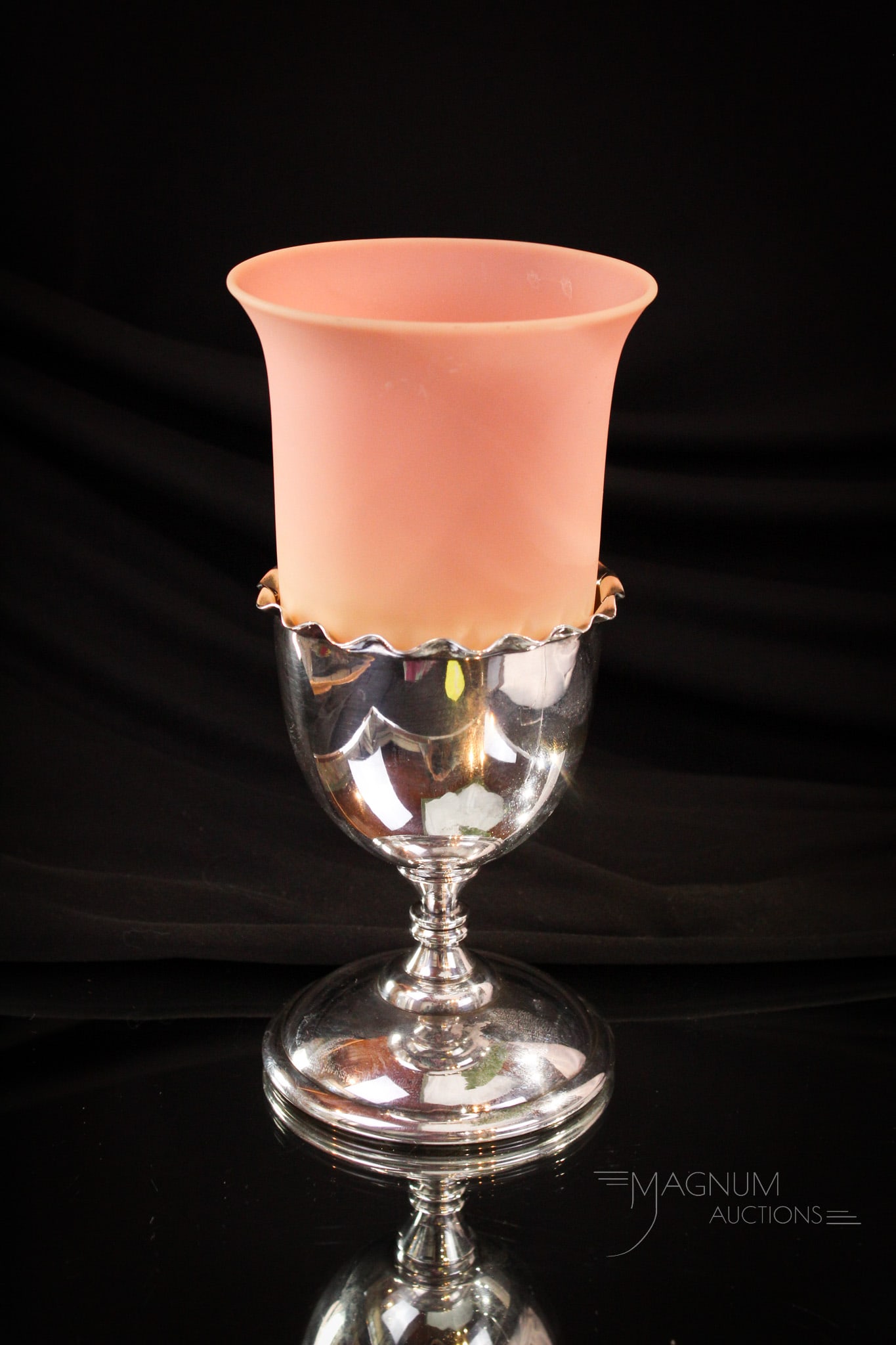 Rogers Silverplate Victorian Mt. Washington Burmese Glass Celery Vase: Select offering of a Mt. Washington burmese glass celery vase set in signed Rogers silverplate holder. Complete it stands 8 1/4" tall.