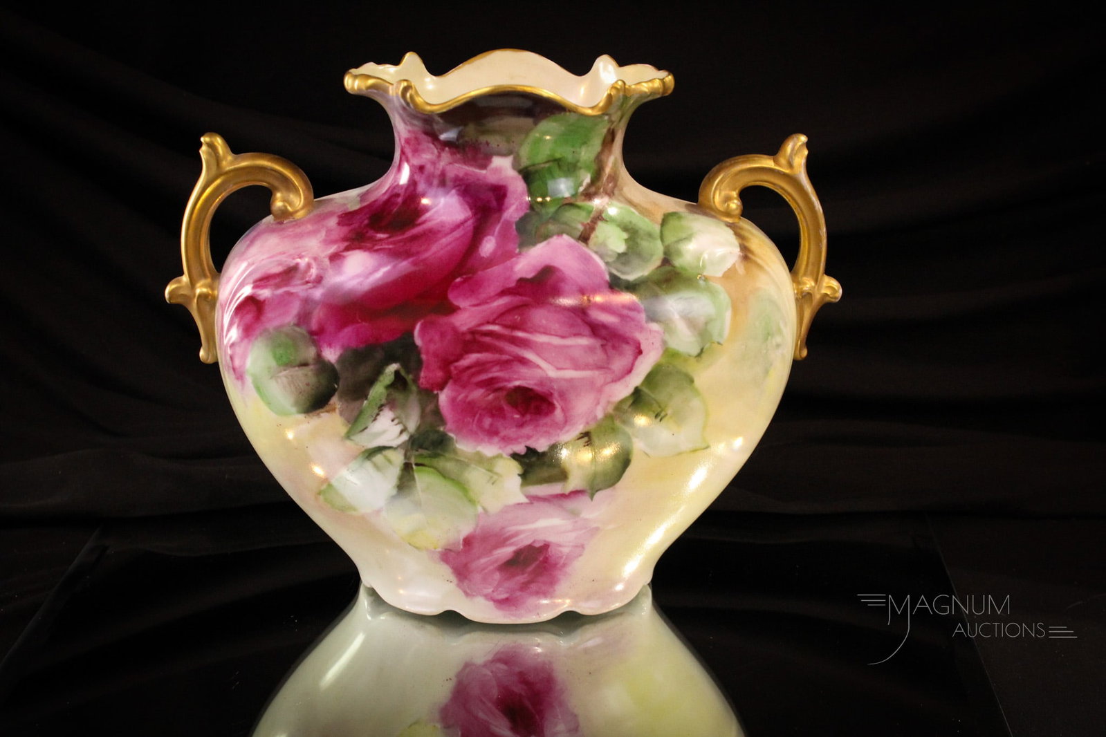 Signed JPL France Limoges Roses Hand Painted Porcelain Vase: What a beauty this vase is. Piece is marked J.P.L. France. Decorated with a bounty of hand painted crimson roses. Desirable size measuring 7 1/2" tall.