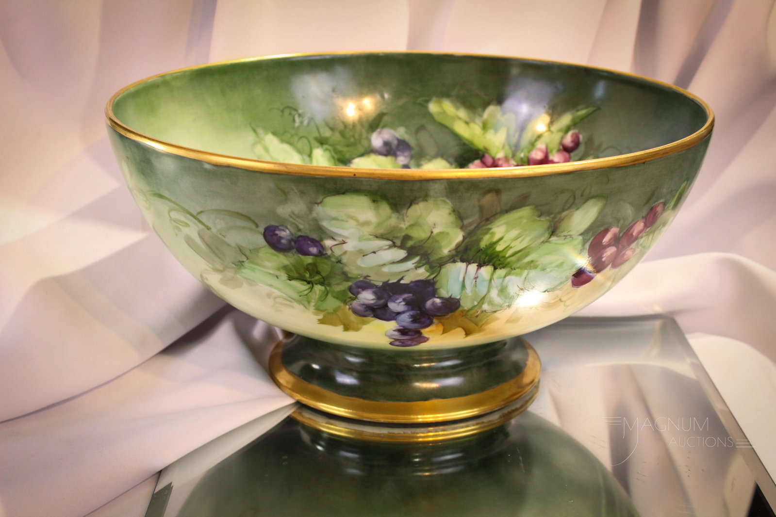 Limoges France 14" Grape Hand Painted Porcelain Punch Bowl: Fine hand painted porcelain Limoges 14" diameter and 7" tall grapes adorned punch bowl with gilt rim and pedestal base. Lovely, isn't she?