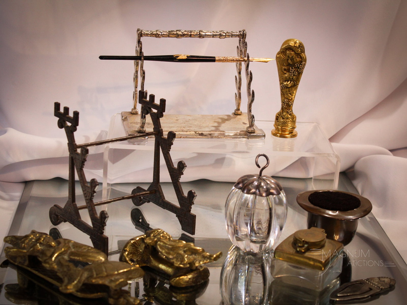 10 pc Lot Desk Collectible Items Inkwell, Glue Pot, Pen Rests & More: Nice array of desirable antique collectible desk related items. Lot is comprised of two pen rests, a glue pot, a pen wipe in the form of a bowler hat in bronze, 2 pixie adorned letter holders, and mor