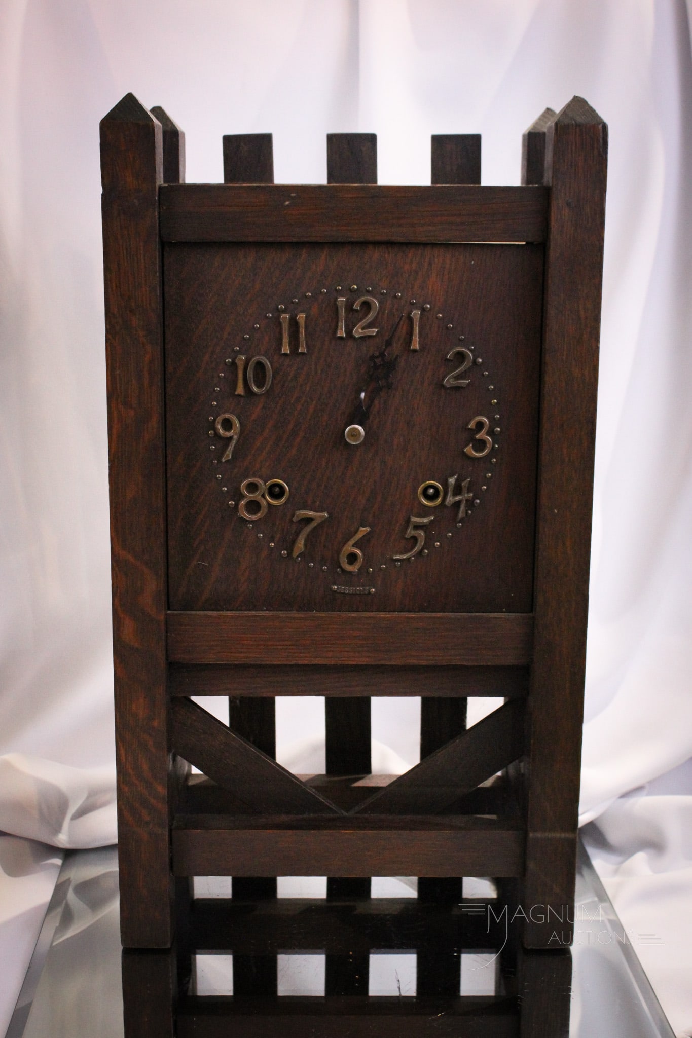 Sessions Mission Mantle Clock: Antique Sessions Mission wood shelf clock. Measures 18" tall, 9 3/4" wide.