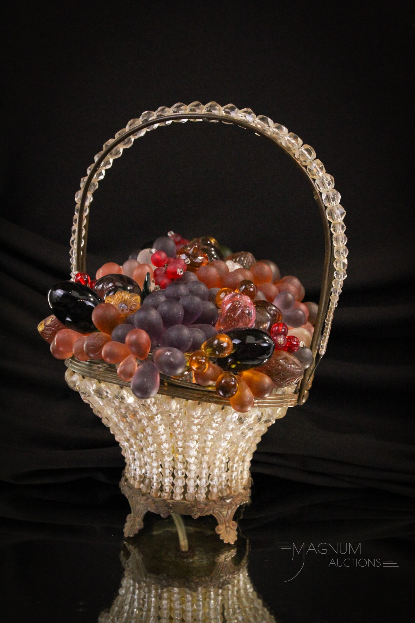 Czech Glass Art Deco Basket of Fruit Lamp: Decorative antique Czechoslovakian glass fruit basket lamp. Nice example with colorful fruit.