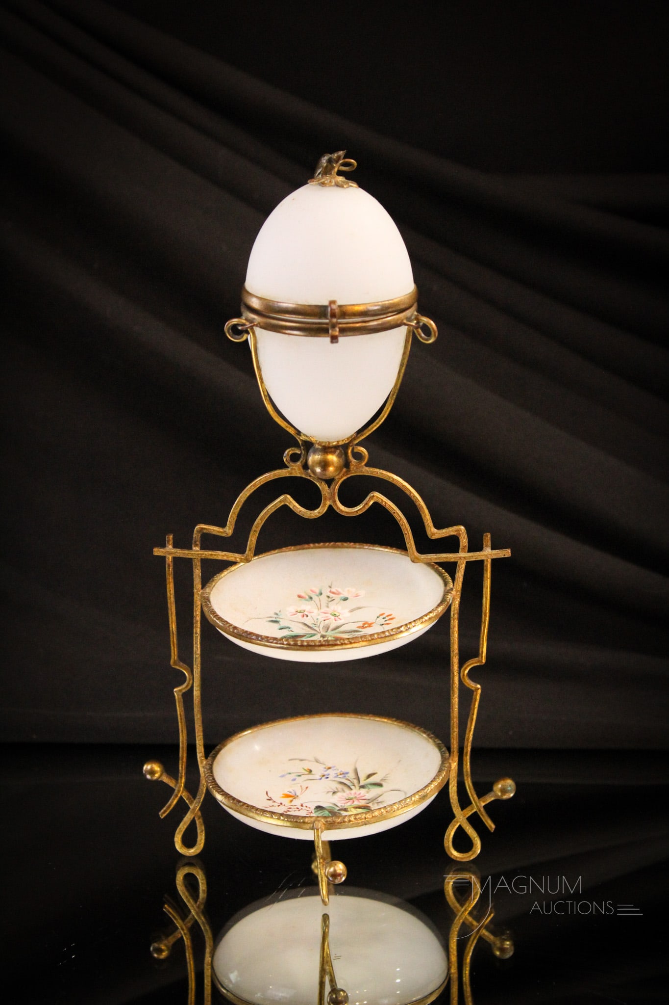 Victorian Opaline Glass Trinket Tray Dresser Ring Box: Wonderful enamel decorated Victorian trinket tray ring box with brass mountings and tiered form. Measures 8 3/4" tall.