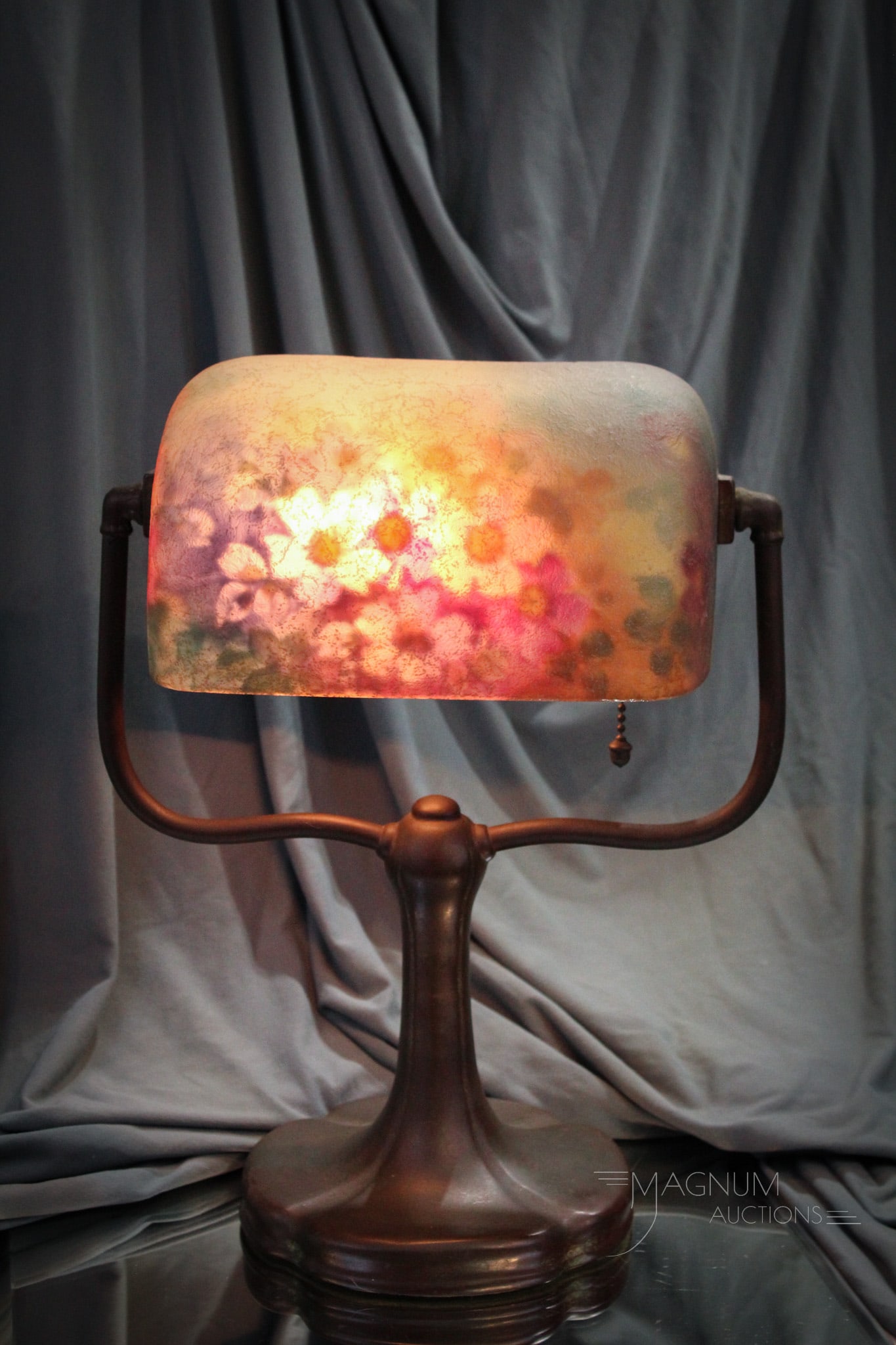 Handel Reverse Painted Floral #6760 Chipped Ice Desk Lamp: Fantastic signed and numbered Handel reverse painted desk lamp complete on original base and socket. Shade is signed and numbered, "Handel,6760". Original as found patina to the base. Underside of the