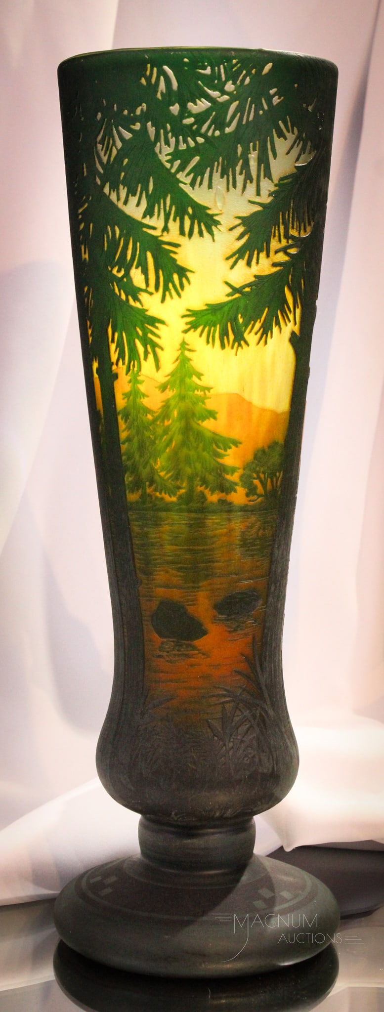 Signed Daum Nancy French Cameo Art Glass 17" Vase: Very showy 17 1/4" tall signed Daum Nancy French art glass vase with amazing colors and detailing. Piece is sure to impress.