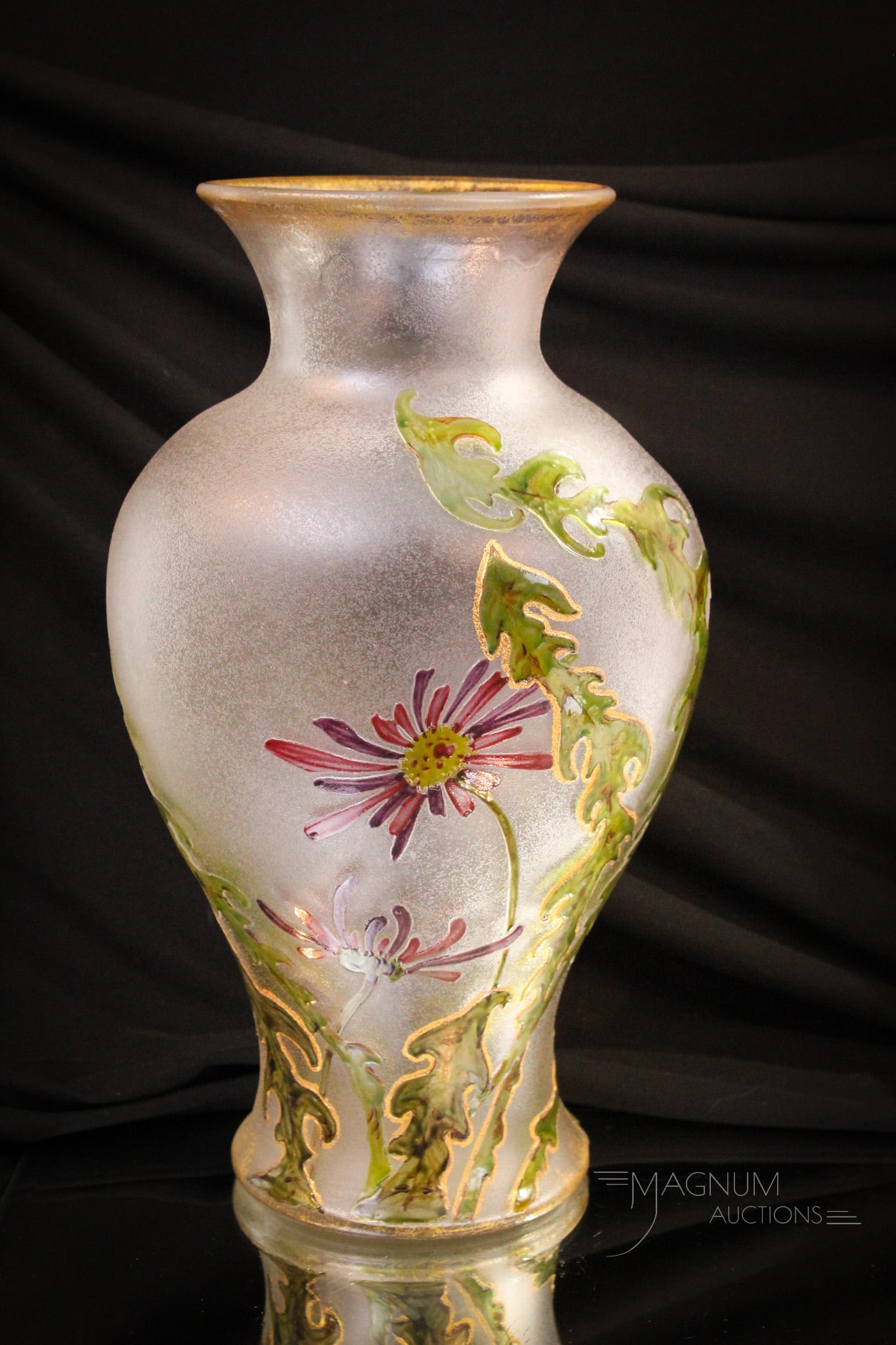 H & T Signed Enameled Chipped Ice Cameo & Enameled Glass 12" Vase: Graceful shape and size on this signed, "H & T" chipped ice cameo glass vase measuring 12 1/2" tall. Piece is beautifully decorated with gilt and enameled flowers. Curvacious form lends itself to the