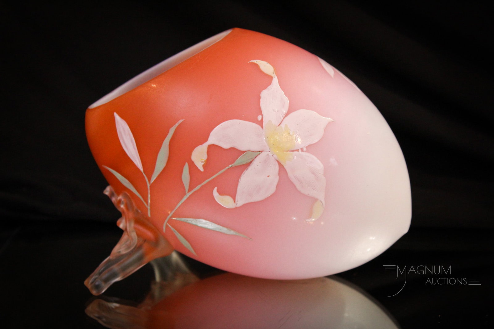 Loetz Victorian Enameled Glass Egg Form Rose Bowl: Nice early piece of Loetz art glass in the form of an egg with applied legs and enameled decoration.