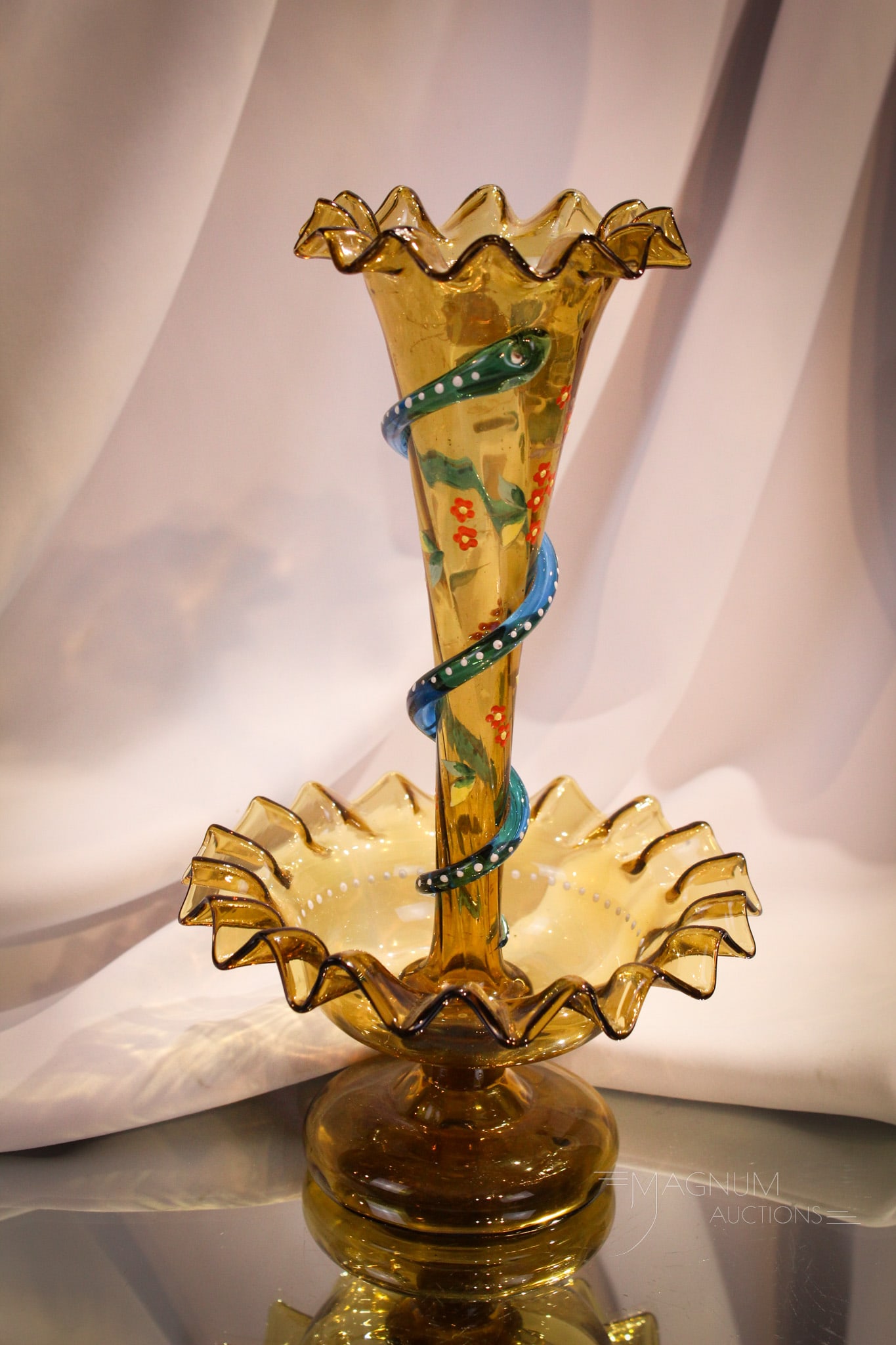 Victorian Bohemian Art Glass Applied Snake Enameled Epergne: Beautiful Bohemian art glass Victorian epergne with applied snake and enameled decoration around the horn. Piece measures 10 3/4" tall.