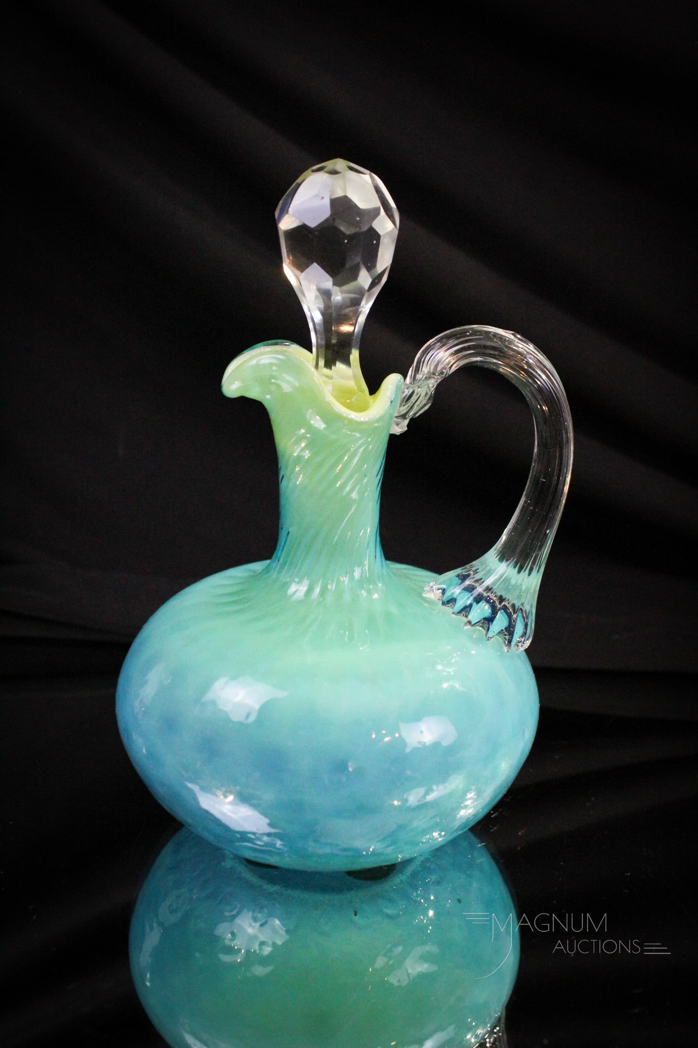 Rare Blue Opal Yellow Cased Victorian Glass Cruet: Nice find in this beautiful Victorian Caribbean ocean blue honeycomb cruet with butter yellow interior. Complete with cut faceted stopper. Measures 5 1/2" tall.