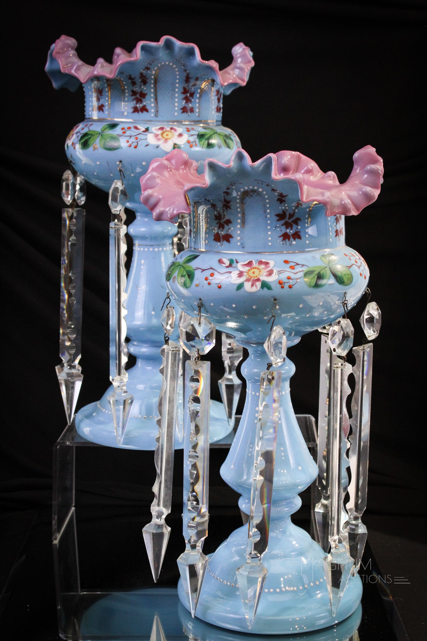 Rare 14 1/2" Mauve & Blue Victorian Enameled Gilt Mantle Lusters: Such a rare find, folks! This pair of mantle lusters in wonderful blue are cased on the interior with mauve. Deeply ruffled top rims. Each is decorated with wonderful florals enameled around and an ab