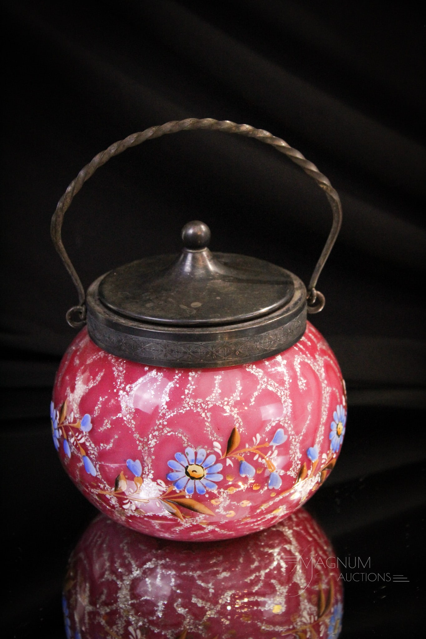 Victorian Cased Adventurine Enameled Glass Sweet Meat Marmalade: Fine example of a deep pink cased adventurine glass enameled Victorian marmalade or sweet meat. This cutie measures 4 1/2" tall. Complete with Rogers silverplate mountings.