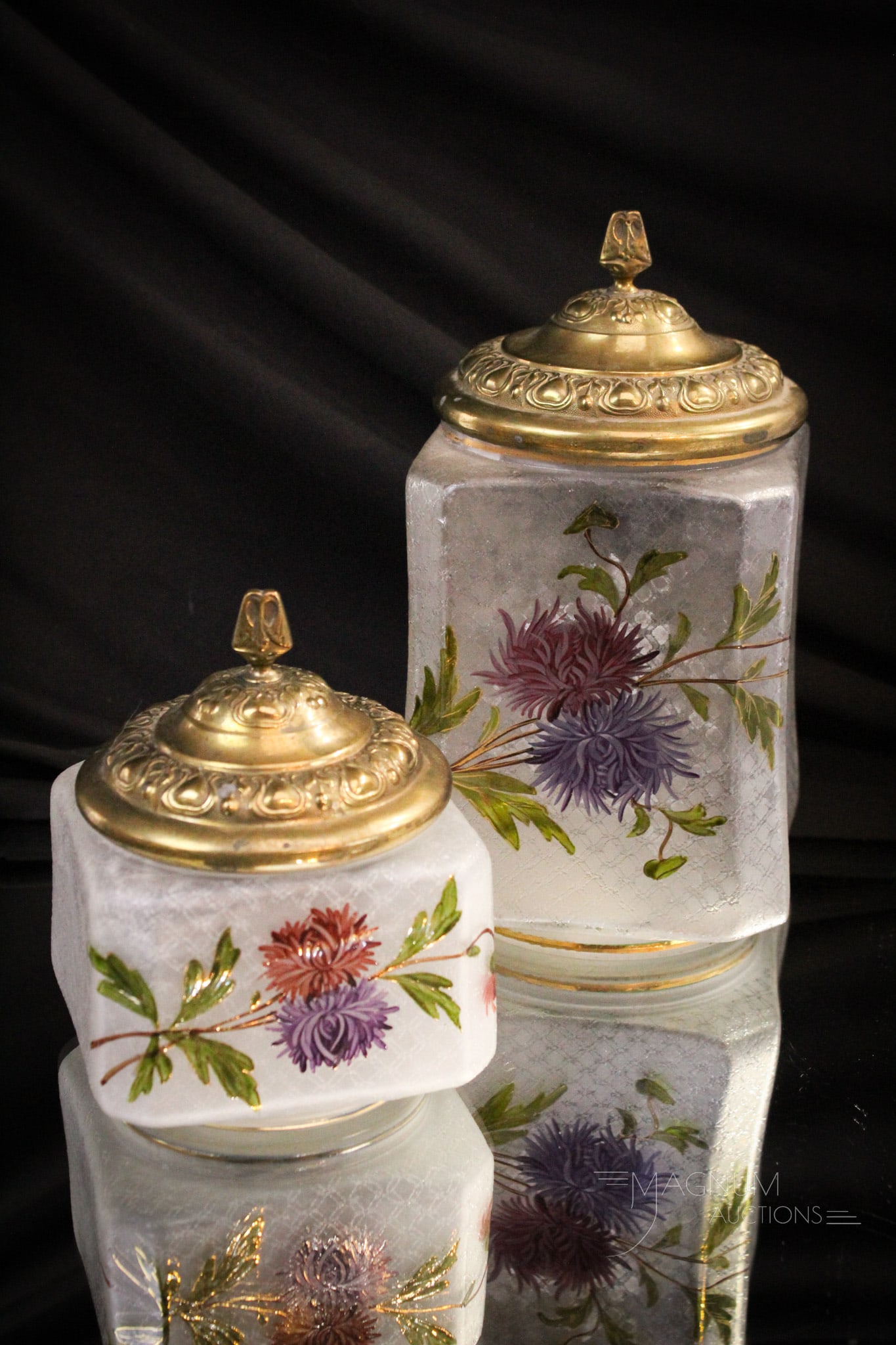 2 pc Lot Victorian Acid Etched Enameled Biscuit Jar & Sweetmeat: Two fine matching examples of acid etched gilt and enameled glass in the form of a sweetmeat and biscuit jar. Tallest measures 8 1/4".