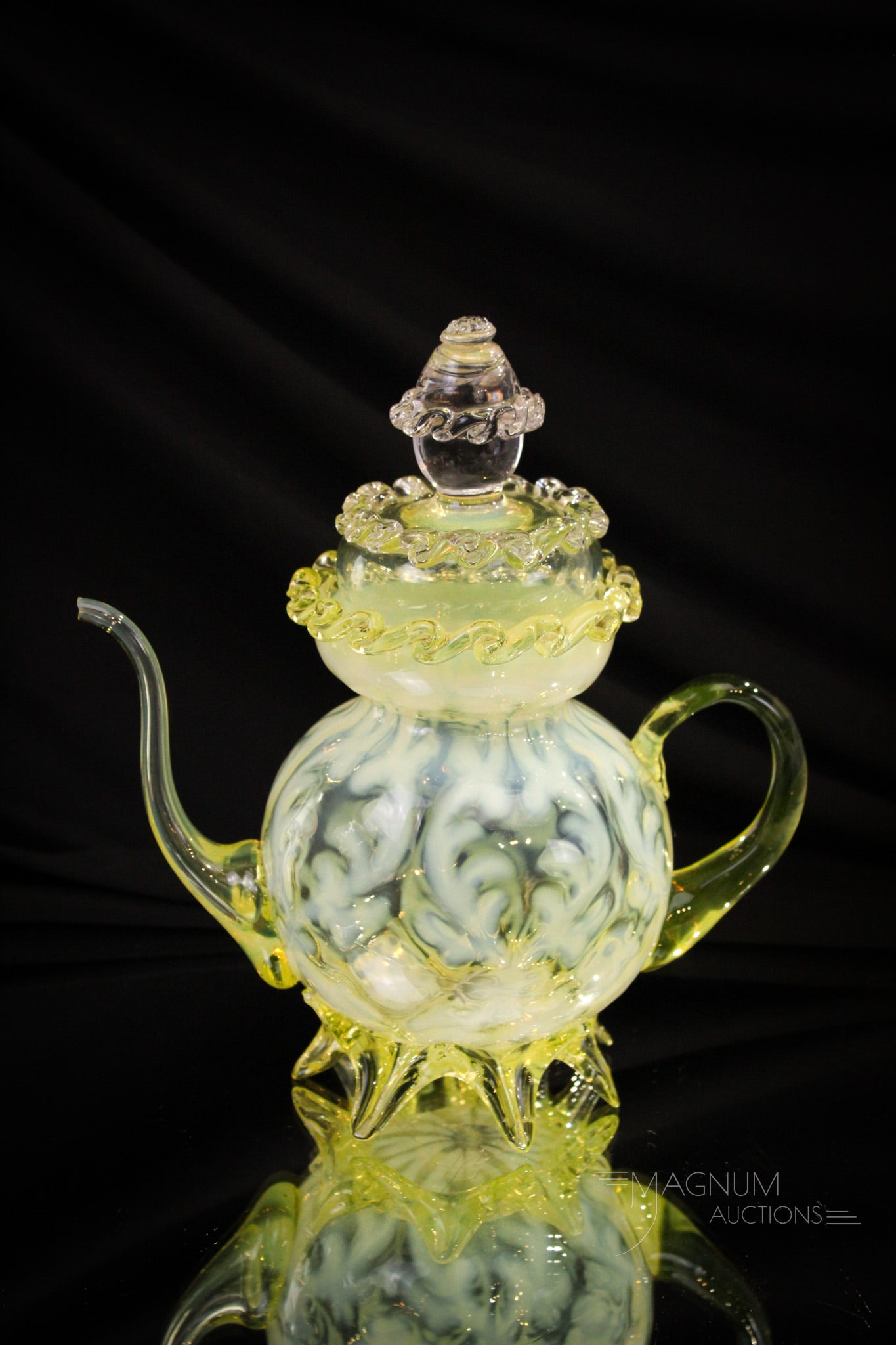 Exceptional Walsh Victorian Vaseline Opalescent Art Glass Tea Pot: Vasies, stand up and take note of this rare find! We are proud to offer this exceptionally rare Victorian Walsh glass vaseline opalescent Opaline Brocade tea pot. Museum worthy piece. Complete with li