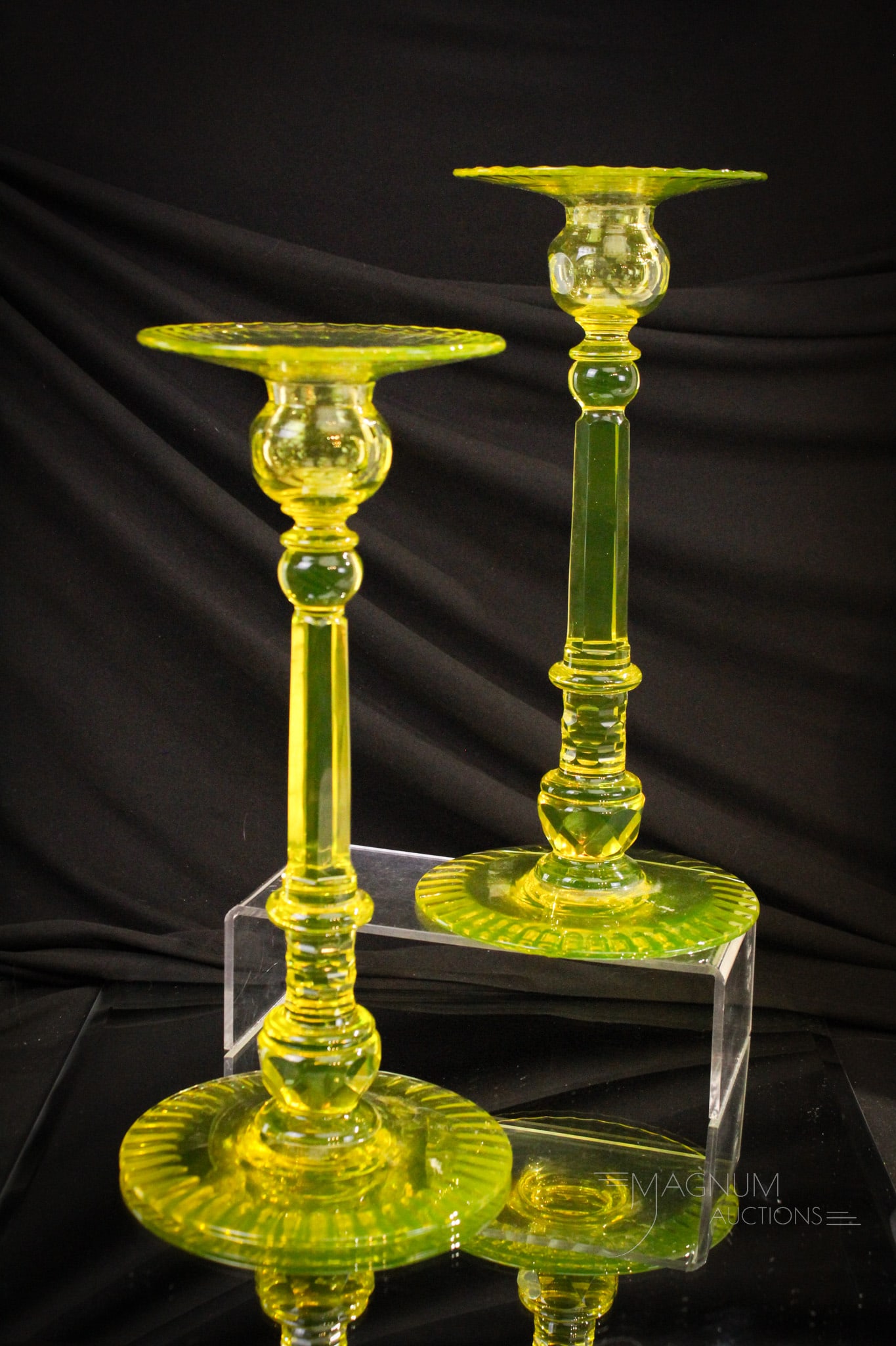 Rare Pair Pairpoint Cut Vaseline Glass 12" Candlesticks: Rare find in this pair of attributed to Pairpoint Vaseline cut glass candlesticks. Each measures 12" tall. Matched pair with notch cut top and bases. Impressive and such a find!