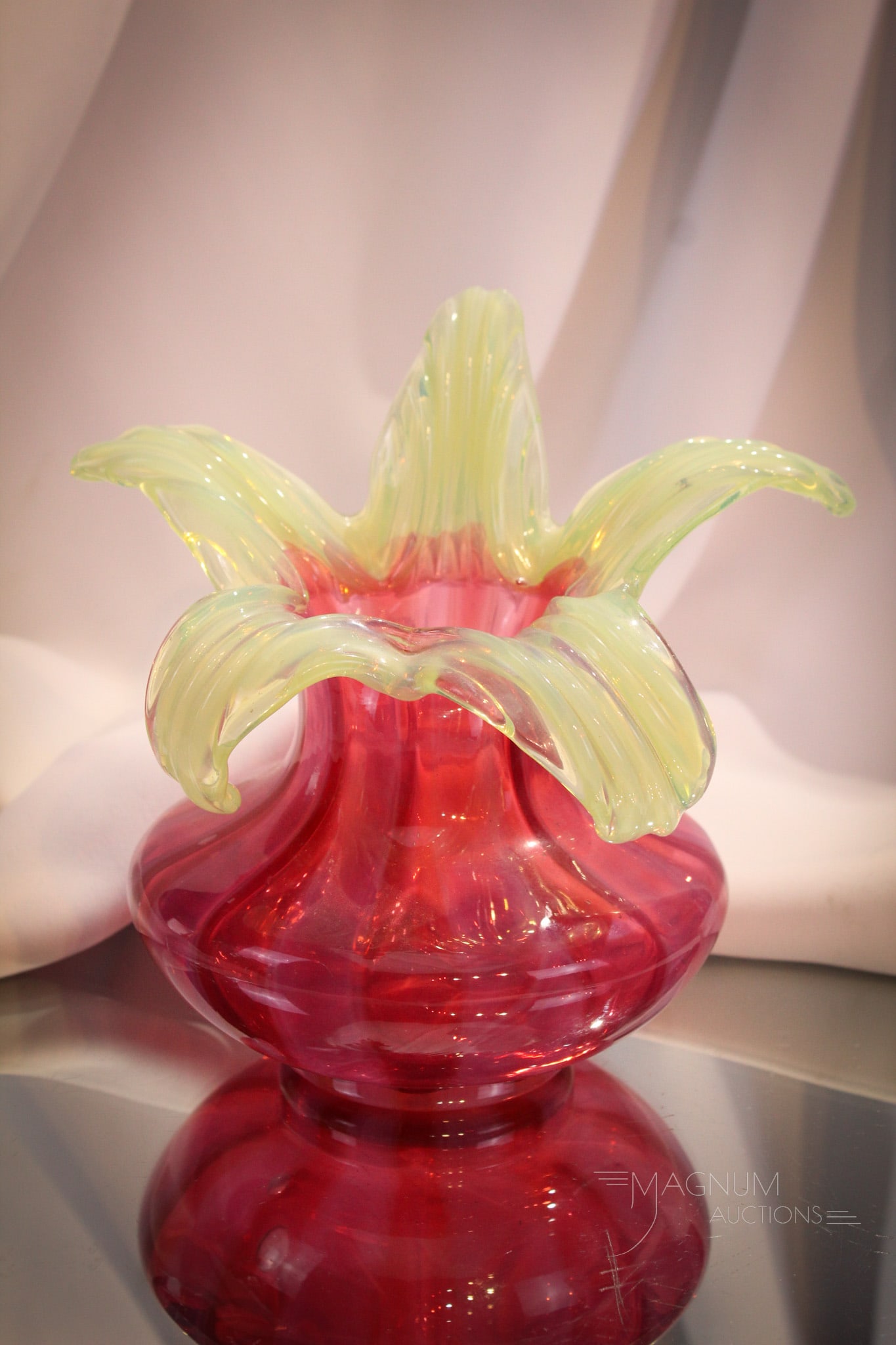 Cranberry Opalescent Vaseline Petals Vase: A beautiful and large 7" tall cranberry opalescent with applied vaseline opal petals vase. Desirable piece and oh so showy!