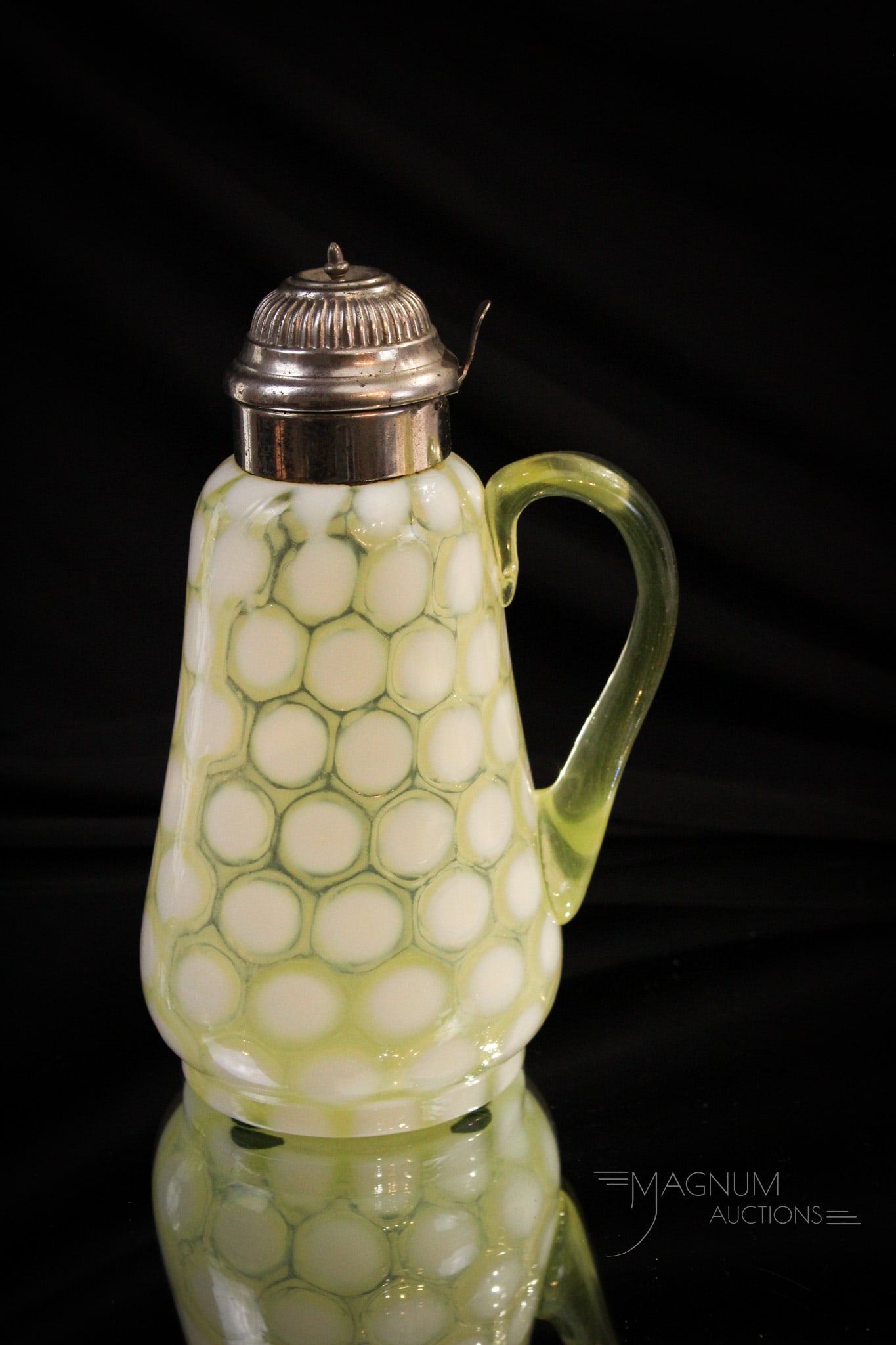 Rare Vaseline Opalescent Coinspot Tapered Victorian Syrup Pitcher: Rare rare rare. This is a sure find, folks! It's a rare vaseline opalescent Victorian large syrup or molasses jug. Piece measures 7 1/2" tall.