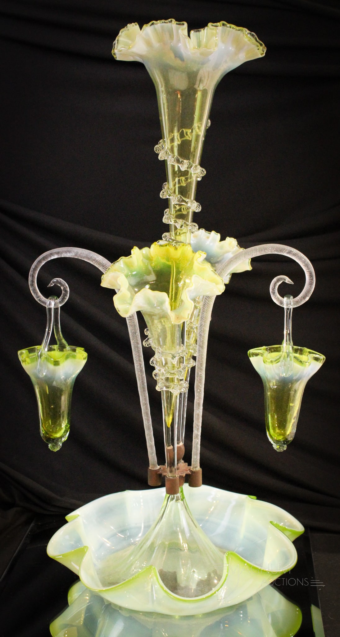 22" Marsh Green Opalescent Victorian Epergne: Fine Victorian epergne in marsh green opalescent. This one is with three horns and two hanging baskets. Complete it stands 22" tall.
