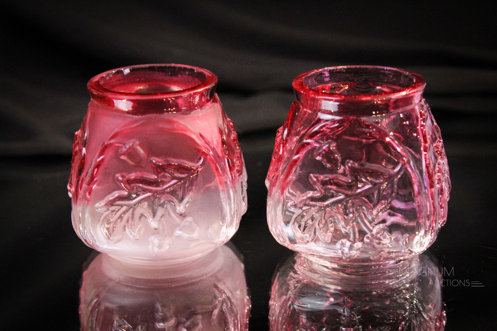 2 pc Lot Northwood Royal Oak Victorian Glass Toothpick Holders: Two great examples of Northwood Rubina Royal Oak pattern Victorian toothpick holders. One in satin finish. One in glossy. Each measures 2 1/4" tall.