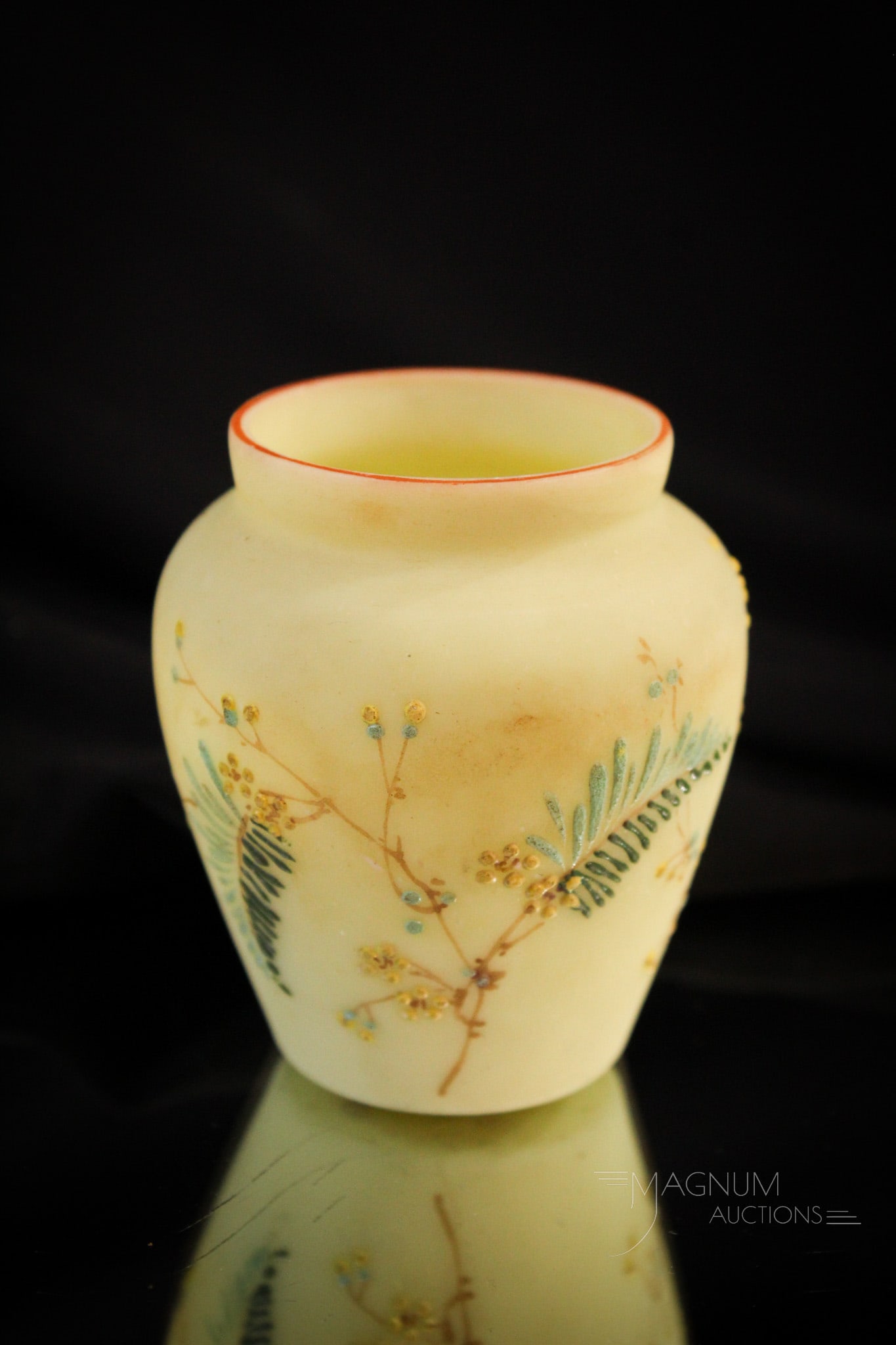 Mt. Washington Unfired Burmese Victorian Glass Toothpick Holder: Great example of a Mt. Washington unfired burmese Victorian toothpick holder. This one with fern decorations and red rim. It measures 2 1/2".