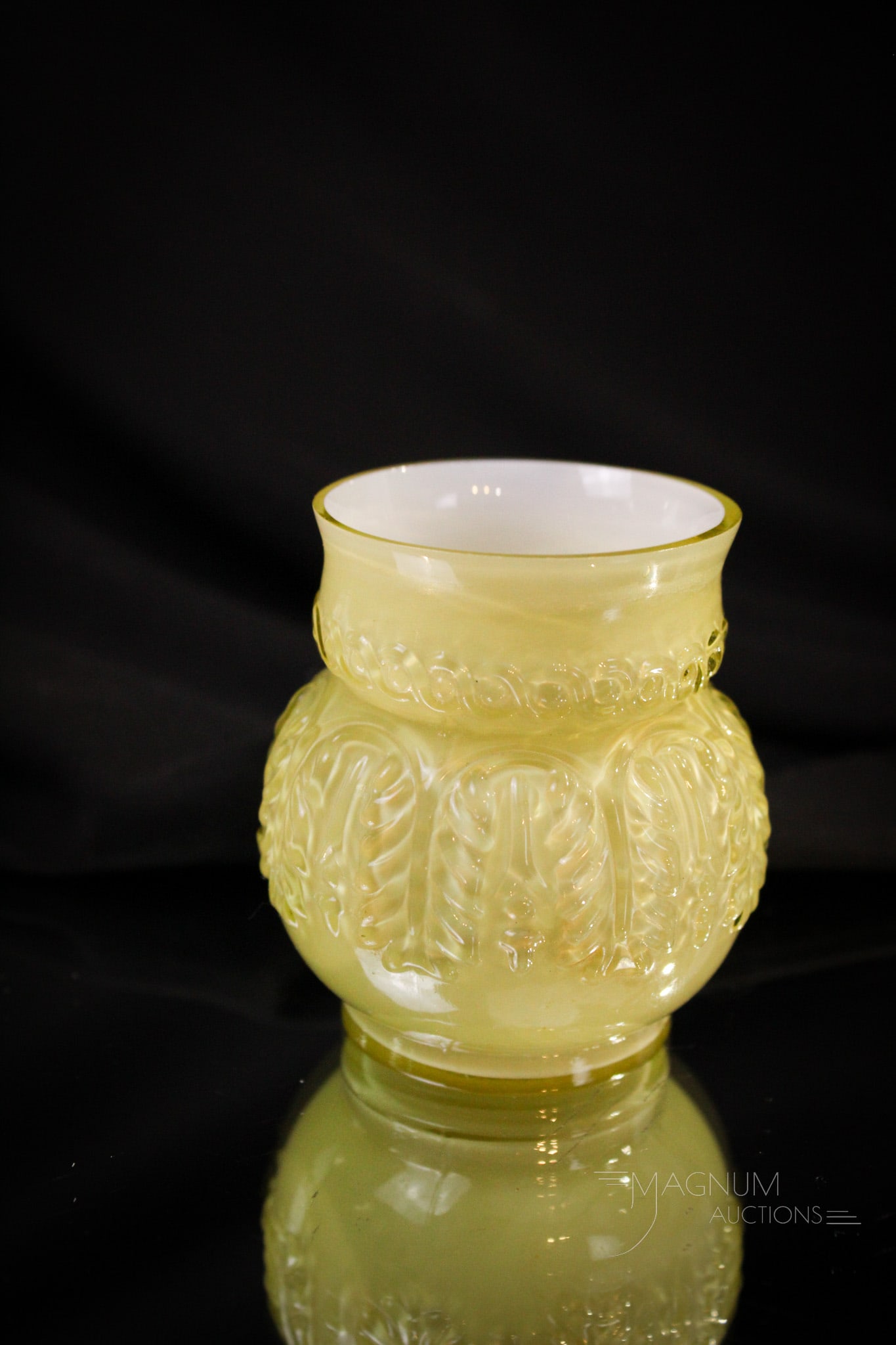 Northwood Lemon Cased Leaf Umbrella Victorian Toothpick Holder: Lovely lemon yellow cased Northwood Leaf Umbrella Victorian toothpick holder. Piece has full rim and nice coloring. Measures 2 1/2".