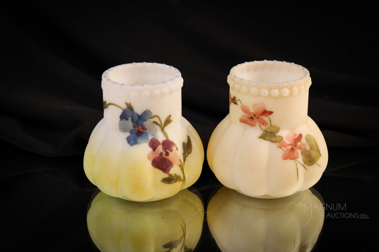 2 pc Lot Libbey Lobed Victorian Toothpick Holders: Two super examples of Libbey lobed body Victorian toothpick holders. Each with floral decoration around. One with pansy flowers. One with florals. The latter is marked Libbey stamp. Each measures 2 1/