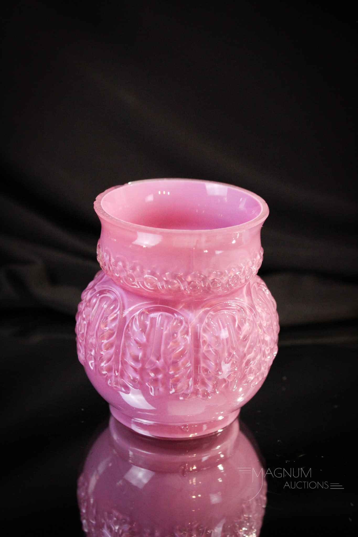 Northwood Mauve cased Leaf Umbrella Victorian Toothpick Holder: We love the color of this Northwood Leaf Umbrella pattern Victorian toothpick holder. Full rim also. Alas, there are some as made chips around the rim. Measures 2 1/2" tall.