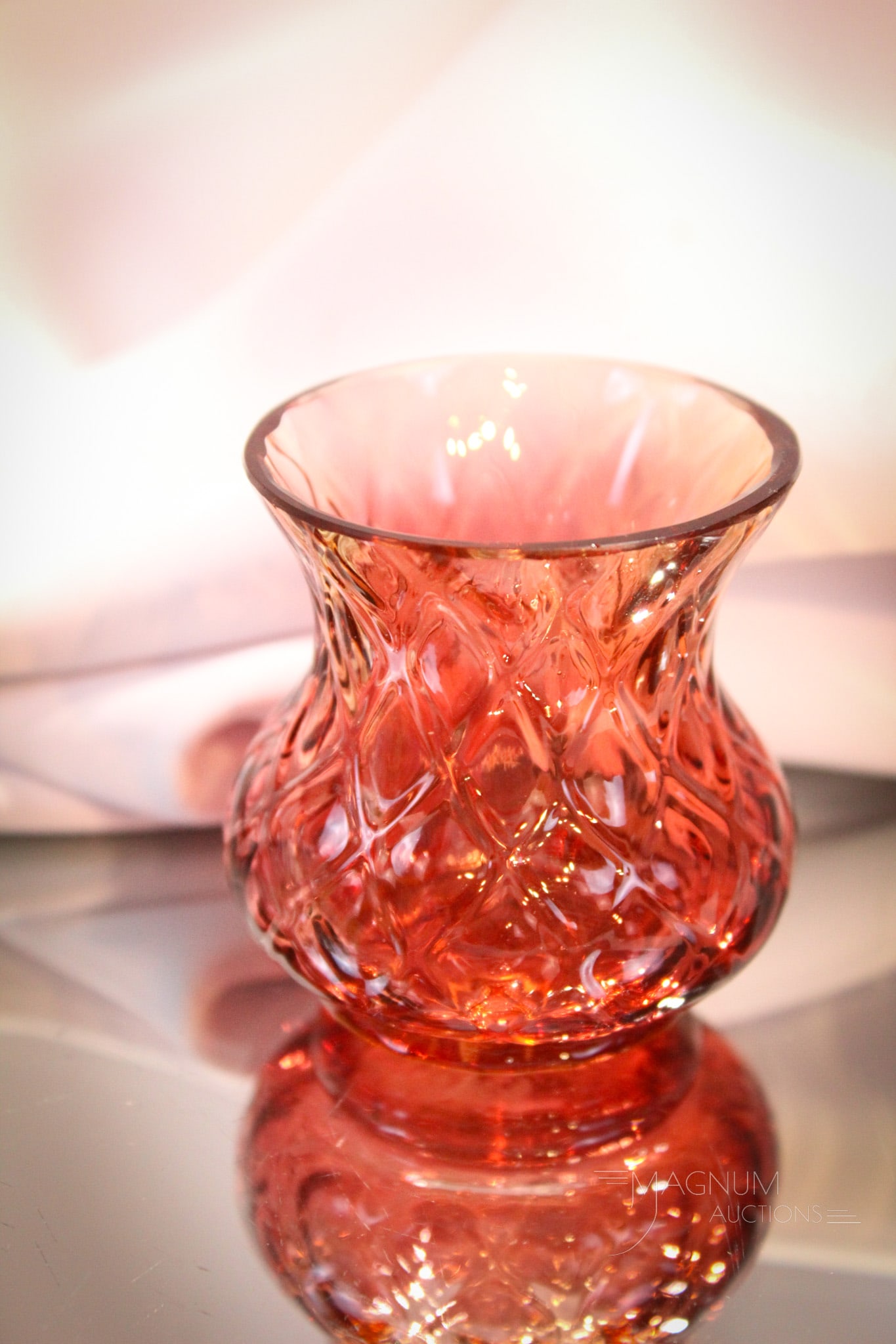 Amberina Corset Victorian Diamond Quilt Glass Toothpick Holder: Fine corset shape amberina exterior diamond quilt Victorian toothpick holder. Piece has great optic effect to the glass. Measures 2 1/4" tall.