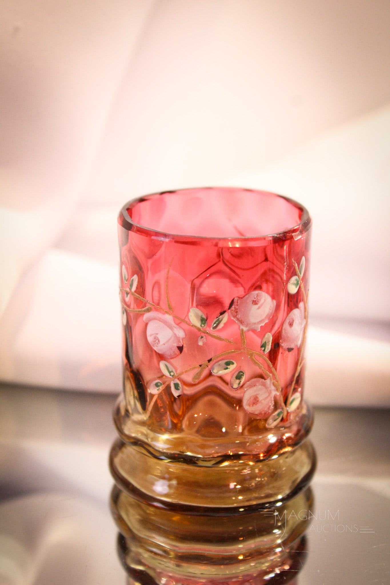 Amberina Bulge Base Enameled Victorian Toothpick Holder: She's a beauty. This toothpick in amberina glass in the bulge base form. Lovely enameled roses decorating the body. Measures 2 1/4" tall.