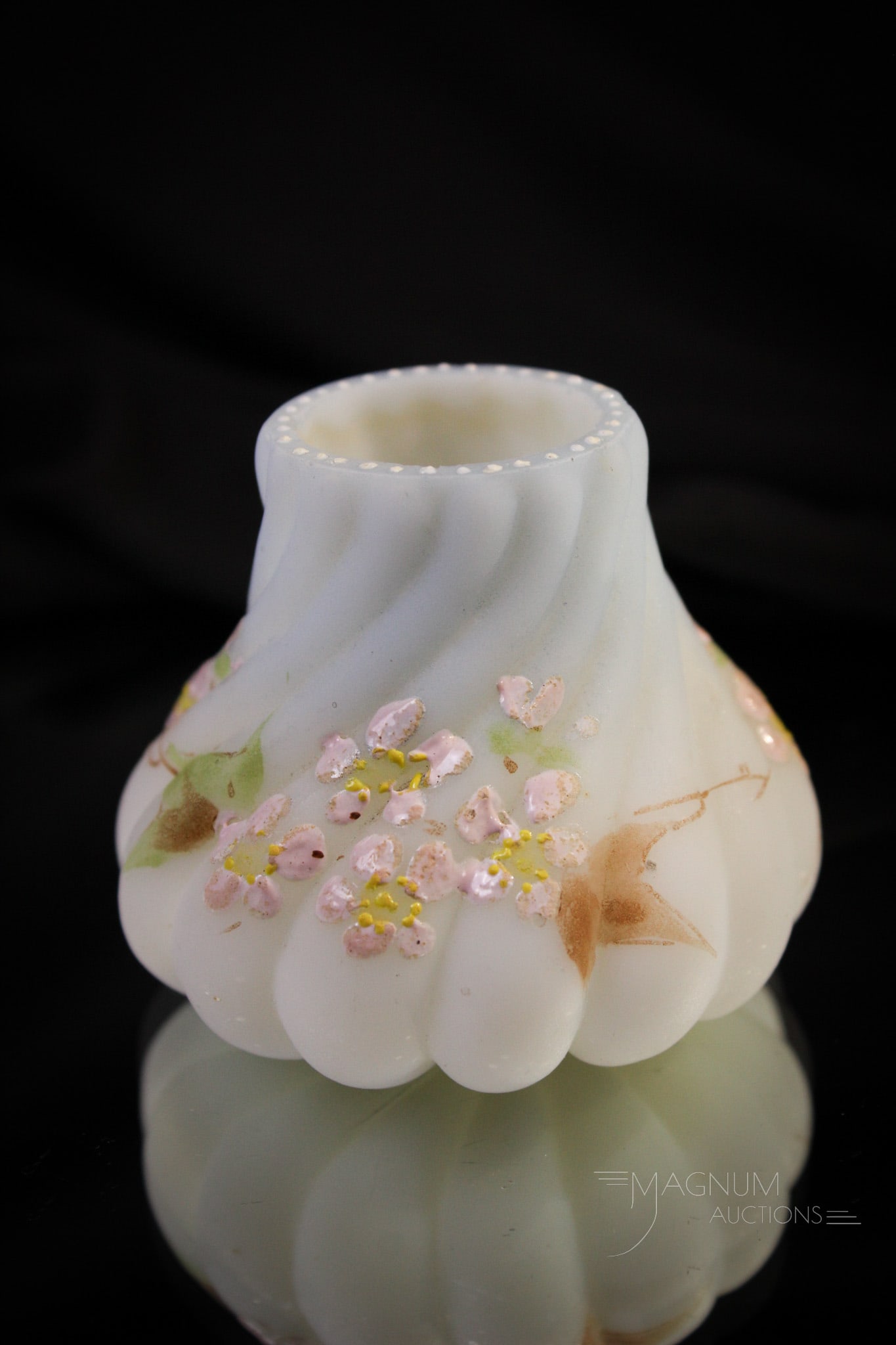 Mt. Washington Lusterless Swirl Mold Victorian Toothpick Holder: Here's a fine Mt. Washington lusterless white decorated with blue and florals toothpick holder. Fine example and a top shelf piece for your collection! This one measures 2" tall.