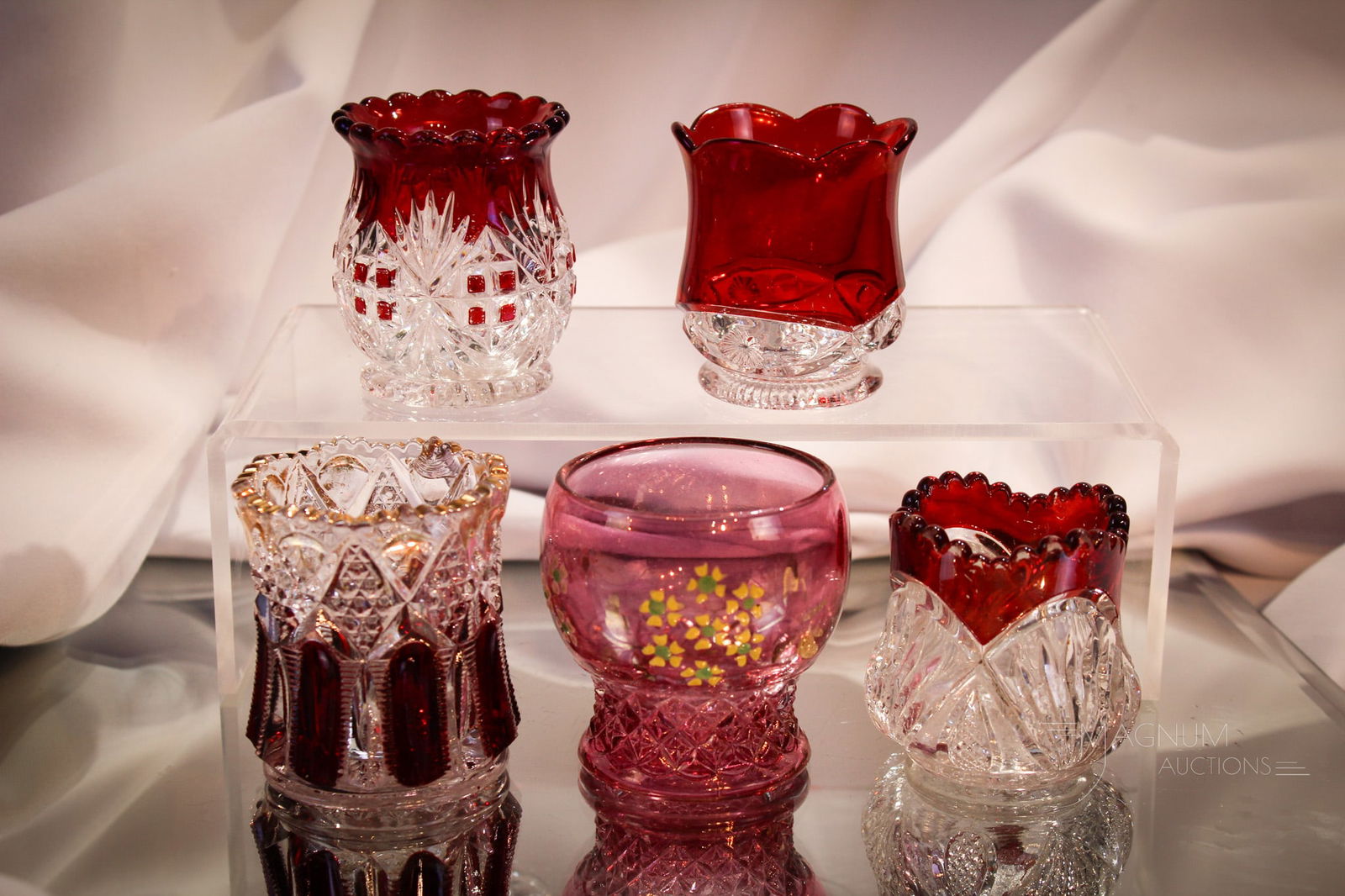 5 pc Lot Ruby Stained Victorian Glass Toothpick Holders: Generous offering of five, correction four, ruby stained and one maiden's blush, decorated toothpick holders. Each a fine example. Tallest measures 2 1/2" tall.
