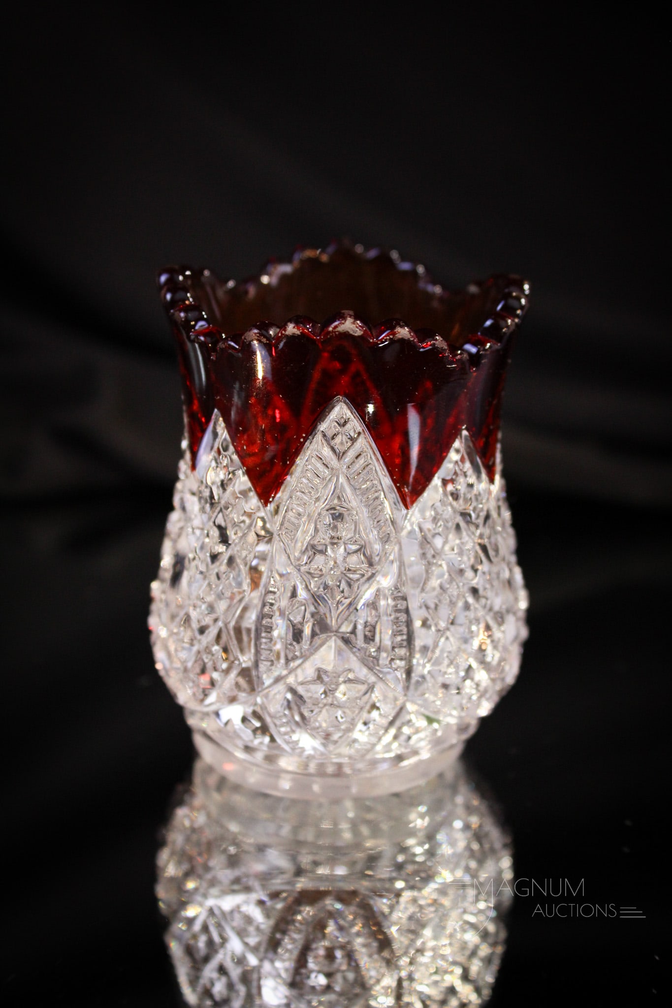 Ruby Stained Victorian Scalloped Six Point with Heacock Certificate: Great ruby stained Victorian toothpick holder with certificate from and autographed by Bill Heacock. Great piece of history here folks. A must have for any toothpick collector. This is a Scalloped Six