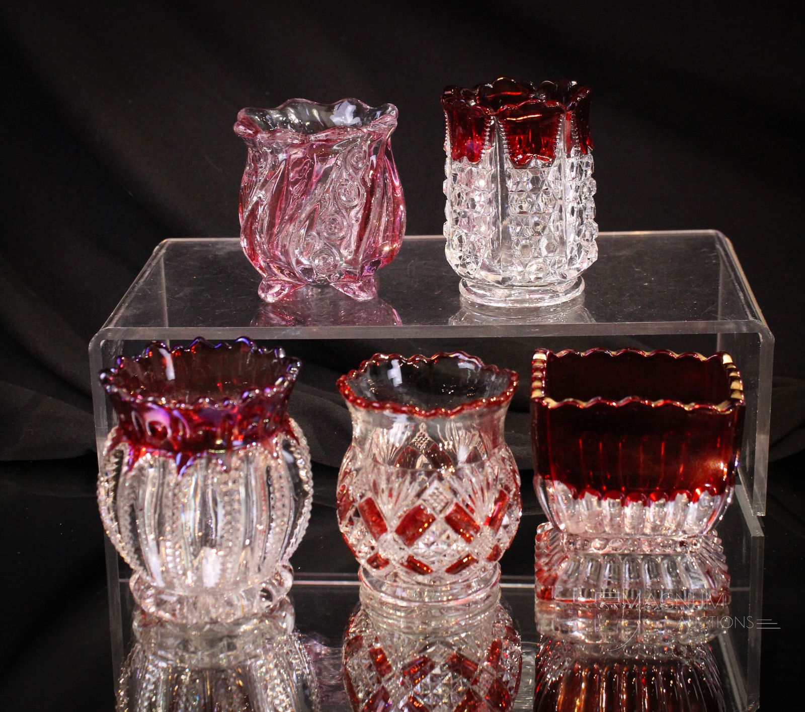 5 pc Lot Ruby Stained Victorian Toothpick Holders: Plentiful lot of five Victorian ruby stained toothpick holder. Each sure to please. One is obviously maiden's blush. Tallest measures 2 3/4".