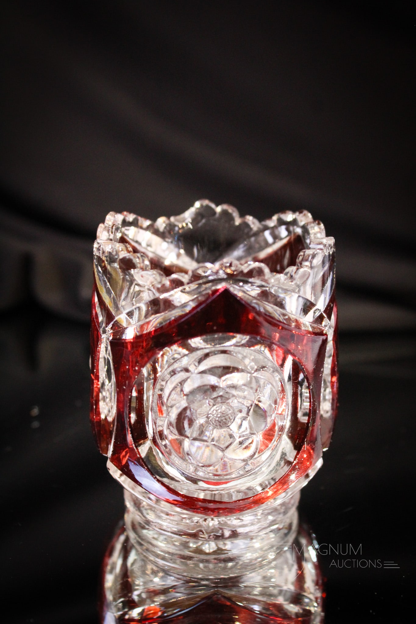 Duncan Block & Rosette Ruby Stained Victorian Glass Toothpick Holder: Lovely find here in this Duncan Block & Rosette ruby stained Victorian toothpick holder. You Pickies out there know! This one measures 2 1/2".