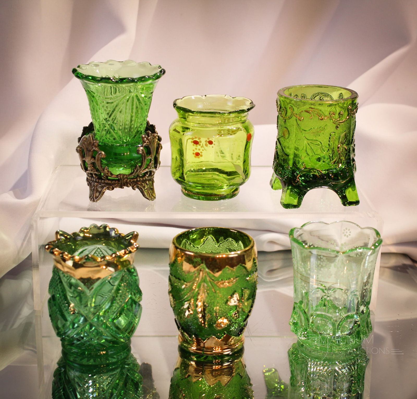 6 pc Lot Victorian Toothpick Holders Fostoria & More: Fulfilling six piece lot of green associated Victorian toothpick holders. Lot includes a Fostoria "Persian" circa 1899. Tallest measures 3".