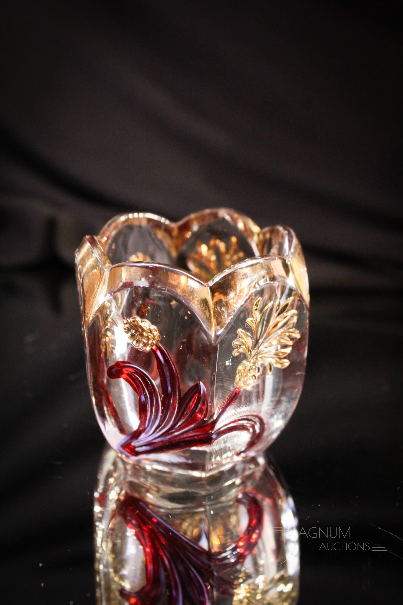 Ruby Stained Fostoria Dandelion Victorian Glass Toothpick Holder: Ruby stained Victorian glass Fostoria Dandelion toothpick holder. Measures 2" tall.