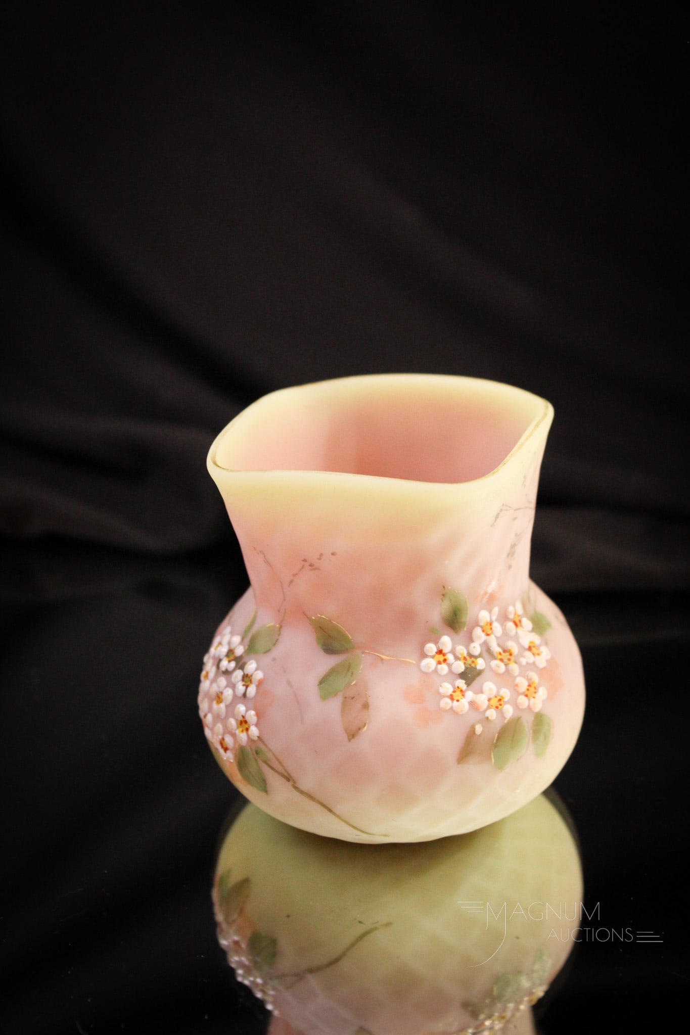 Mt. Washington Burmese Diamond Quilt Satin Toothpick Holder: Beautiful shading to this Mt. Washington burmese glass Victorian toothpick holder. The addition of beautiful florals enameled on it make it even more desirable. Measures 2 1/2" tall.