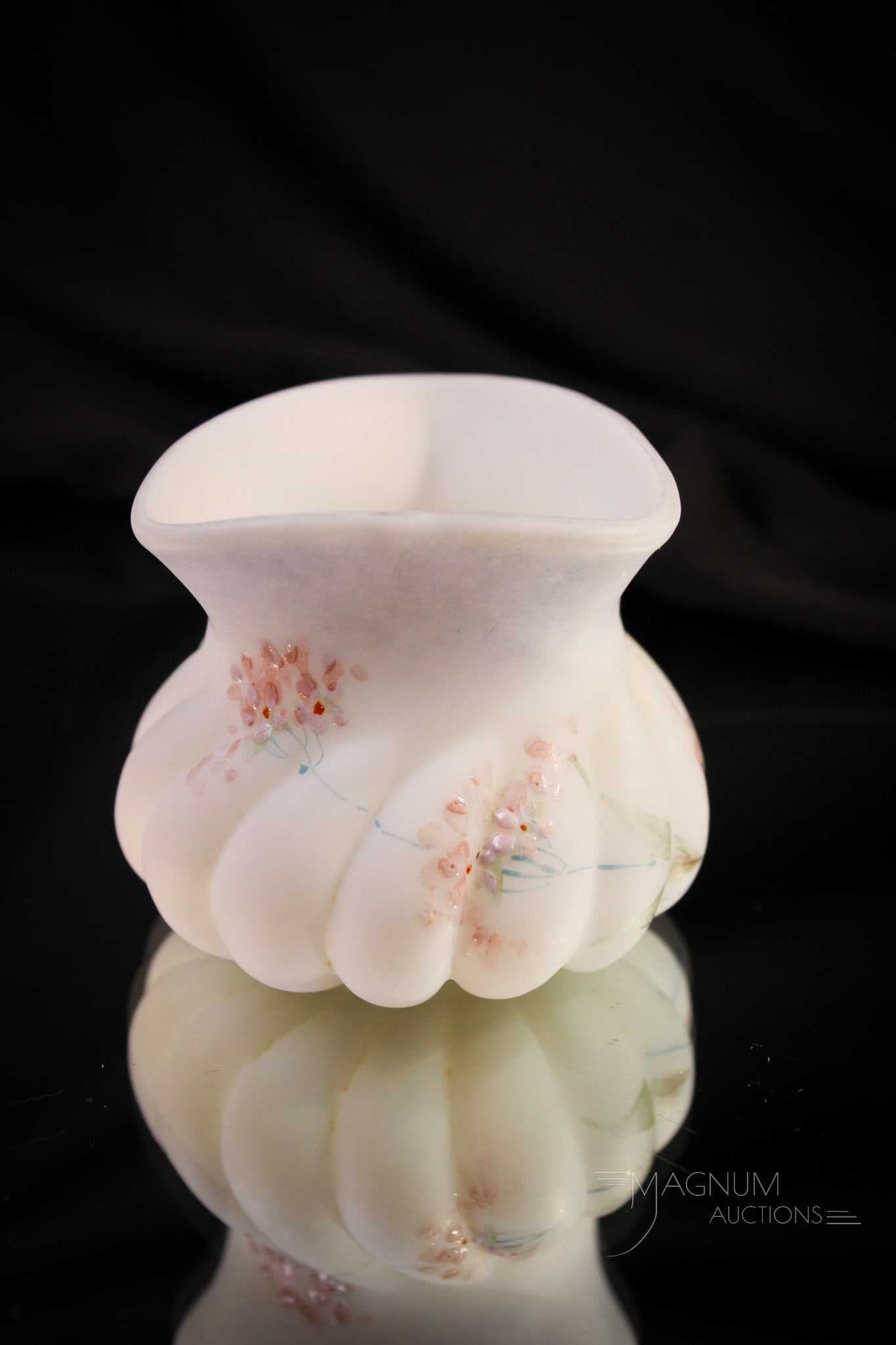 Mt. Washington Lusterless Swirl Mold Victorian Toothpick Holder: Fine lusterless swirl mold Victorian toothpick holder by Mt. Washington. Toothpick has tri corner top treatment. Blue shading and delicate florals. Measures 2".