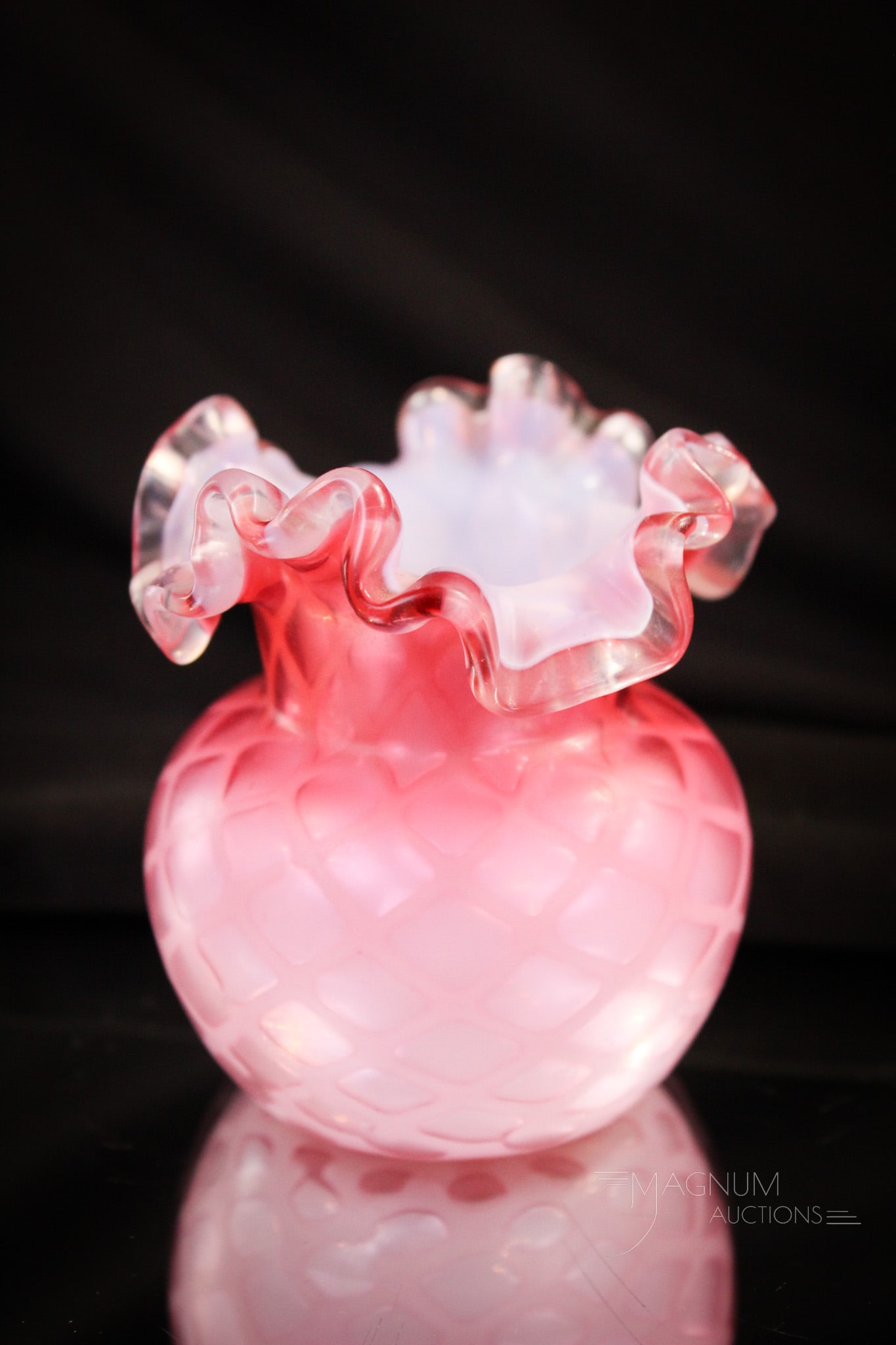 Pink Satin Diamond Quilt Mother of Pearl Victorian Toothpick Holder: Lovely ruffled top rim on this pink mother of pearl Victorian glass toothpick. Such an eye pleasing form too. This one measures 3" tall.