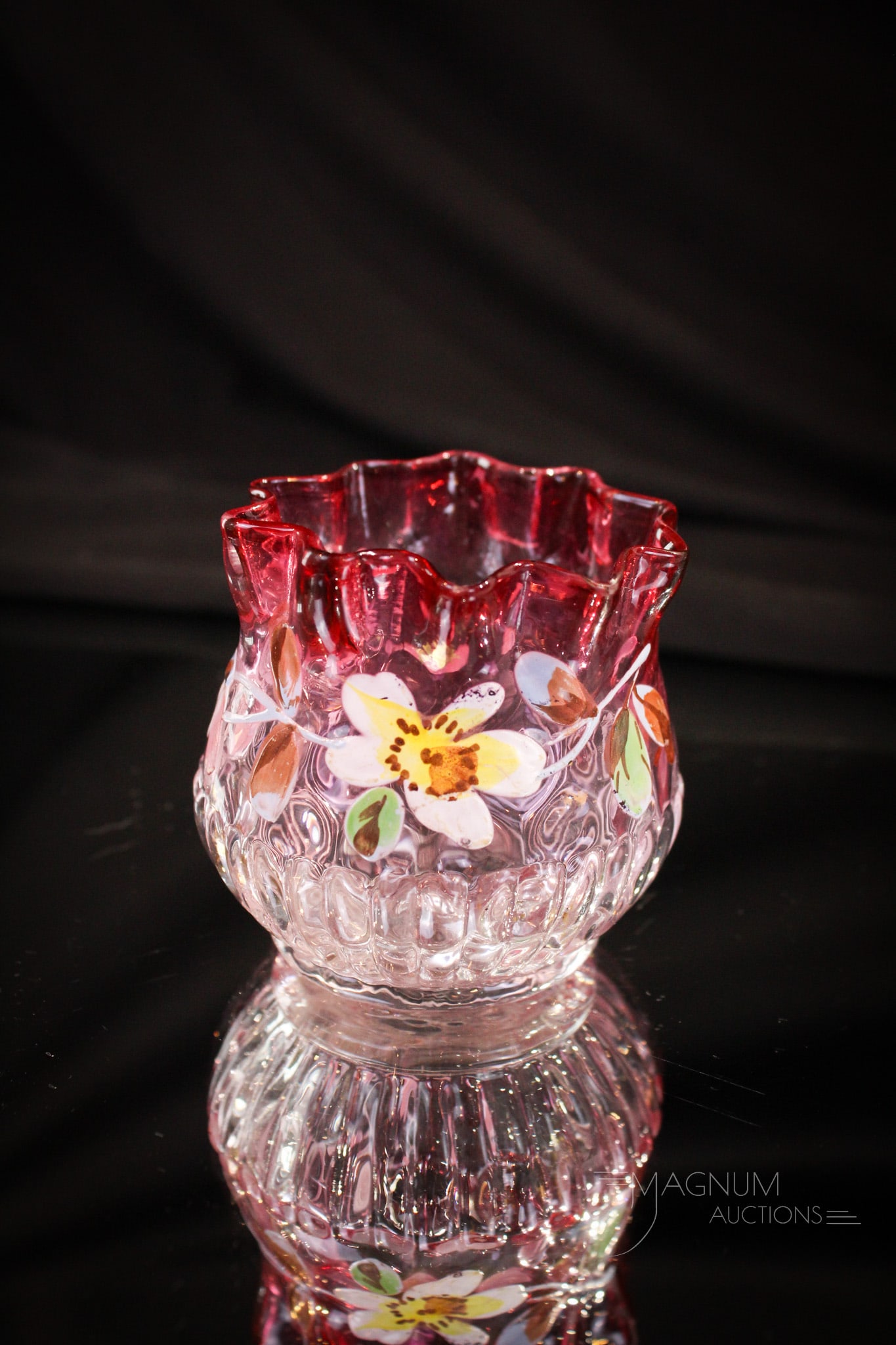 Victorian Cranberry Rubina Enameled Toothpick Holder: Select offering of a nice cranberry rubina Victorian toothpick holder. This fine example has nice florals decorating the sides.