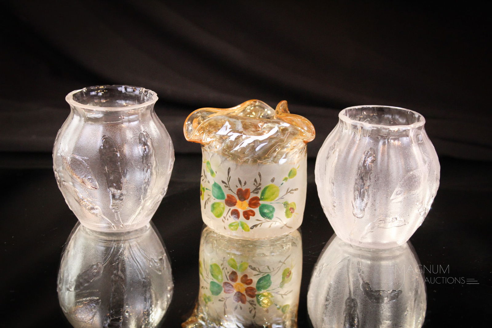 3 pc Lot Victorian Toothpick Holders Fish Pond & Pomona: Three nice examples of Victorian toothpick holders. Two in the Fish Pond pattern. One in midwest Pomona with decoration. Tallest measures 2 1/4".