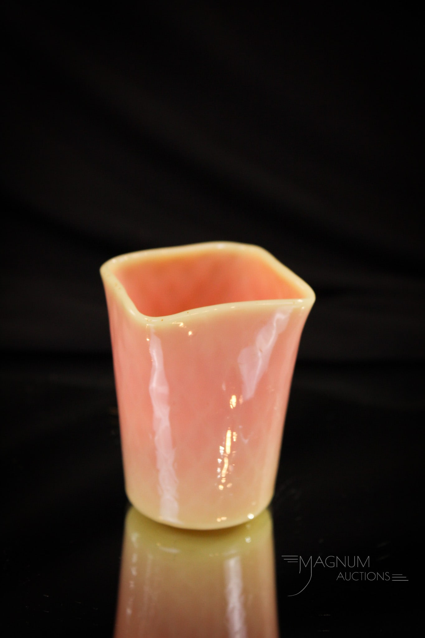 Mt. Washington Glossy Burmese Victorian Toothpick Holder: Very fine glossy Mt. Washington burmese Victorian toothpick holder. Piece has rich color and diamond quilting to the body. Measures 2 1/2".