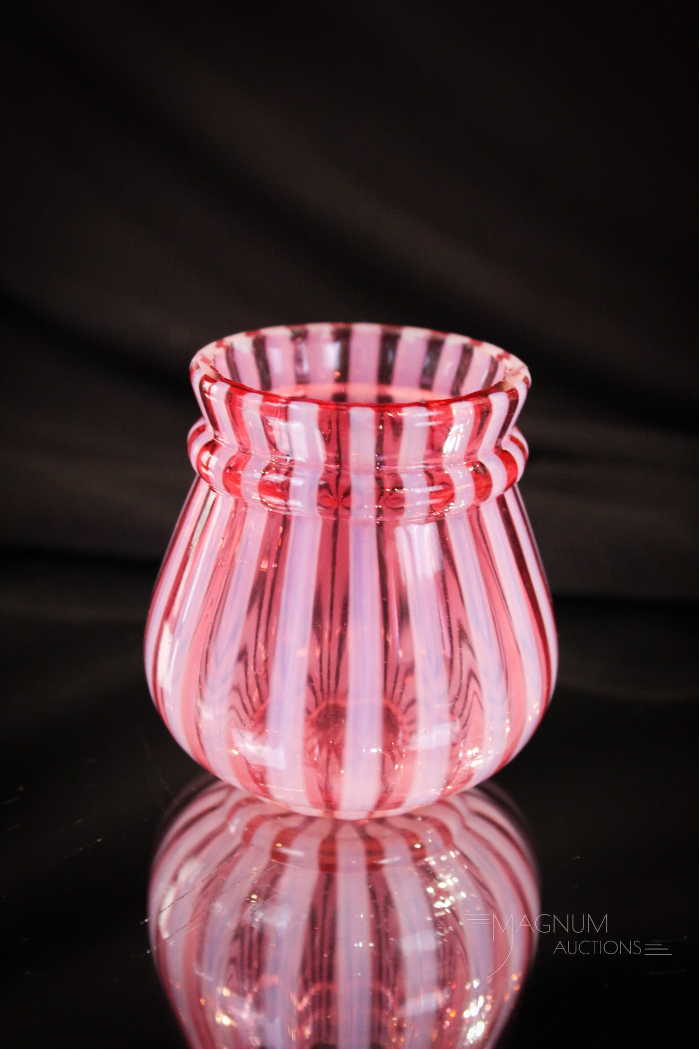 Cranberry Northwood Ring Neck Stripe Victorian Toothpick Holder: Super example of this Northwood Ring Neck Stripe Victorian toothpick holder. Most you find have been reduced or are notably chipped. This one a fine example. Measures 2 1/8" tall.